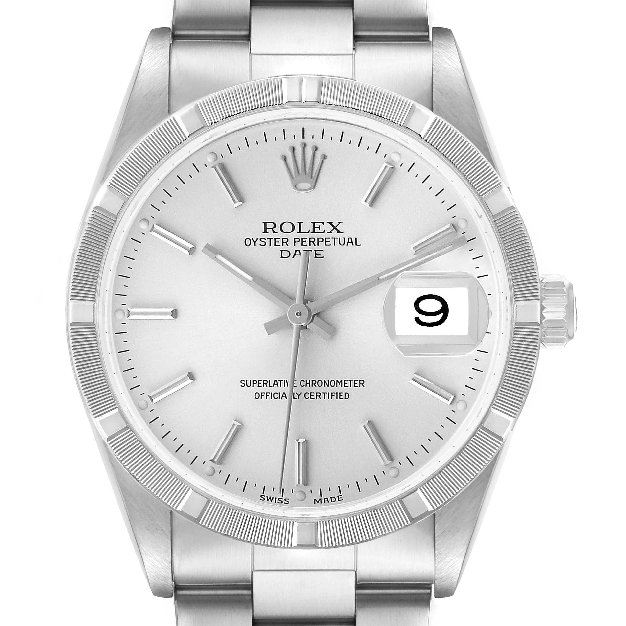 The Rolex Date 15210 Men's Stainless Steel Silver Dial watch is shown from a front angle displaying the dial, bezel, crown, and bracelet.