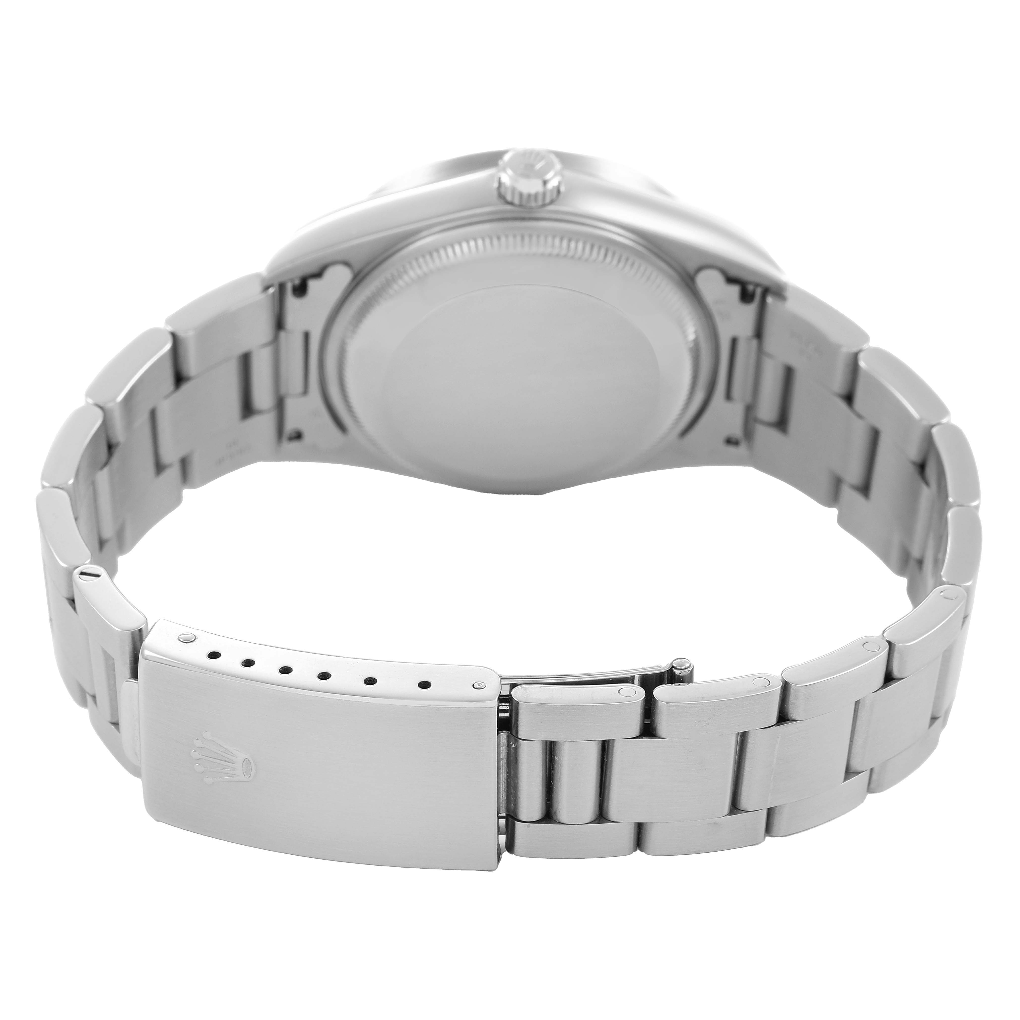 The image shows the back view of a Rolex Date 15210 Men's Stainless Steel Silver Dial model watch, featuring its bracelet and clasp.