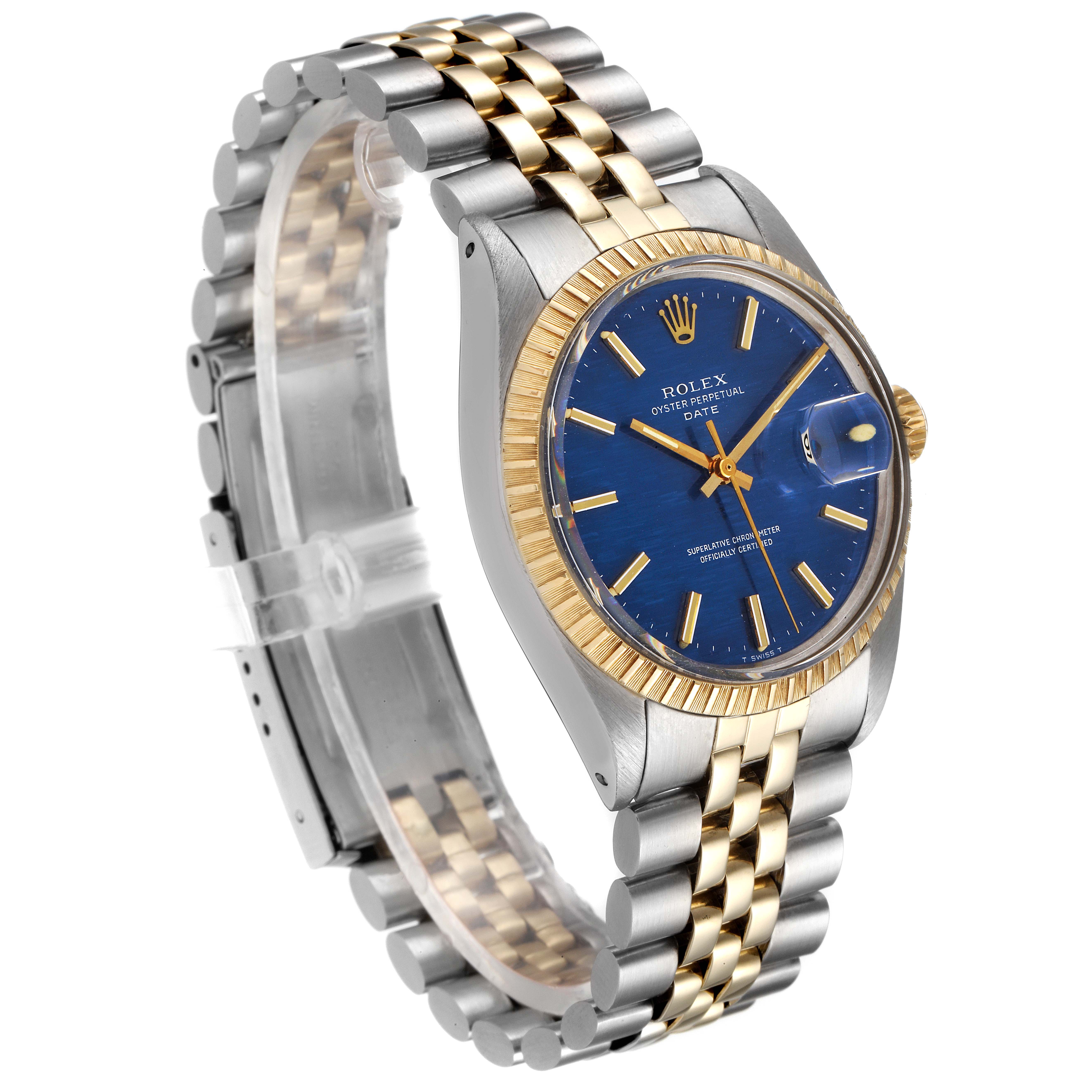 This image shows a Rolex Vintage Collection 1505 Men's Steel and Gold (two tone) Blue Dial 1505 Men's Steel and Gold (two tone) Blue Dial watch at a three-quarter angle displaying its face, bezel, and bi-metal bracelet.