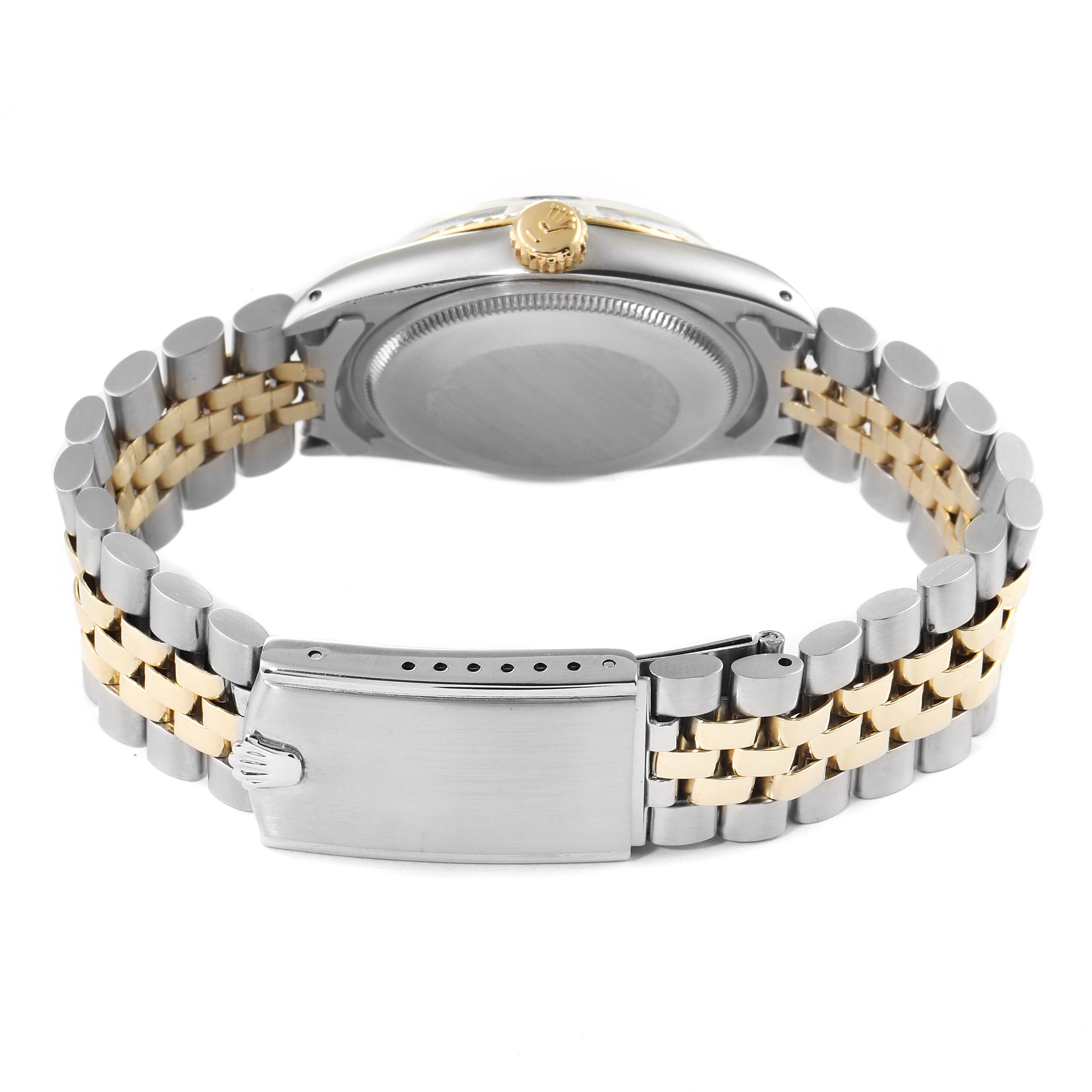 The image shows the back case, crown, and bracelet of a Rolex Vintage Collection 1505 Men's Steel and Gold (two tone) Blue Dial 1505 Men's Steel and Gold (two tone) Blue Dial watch.