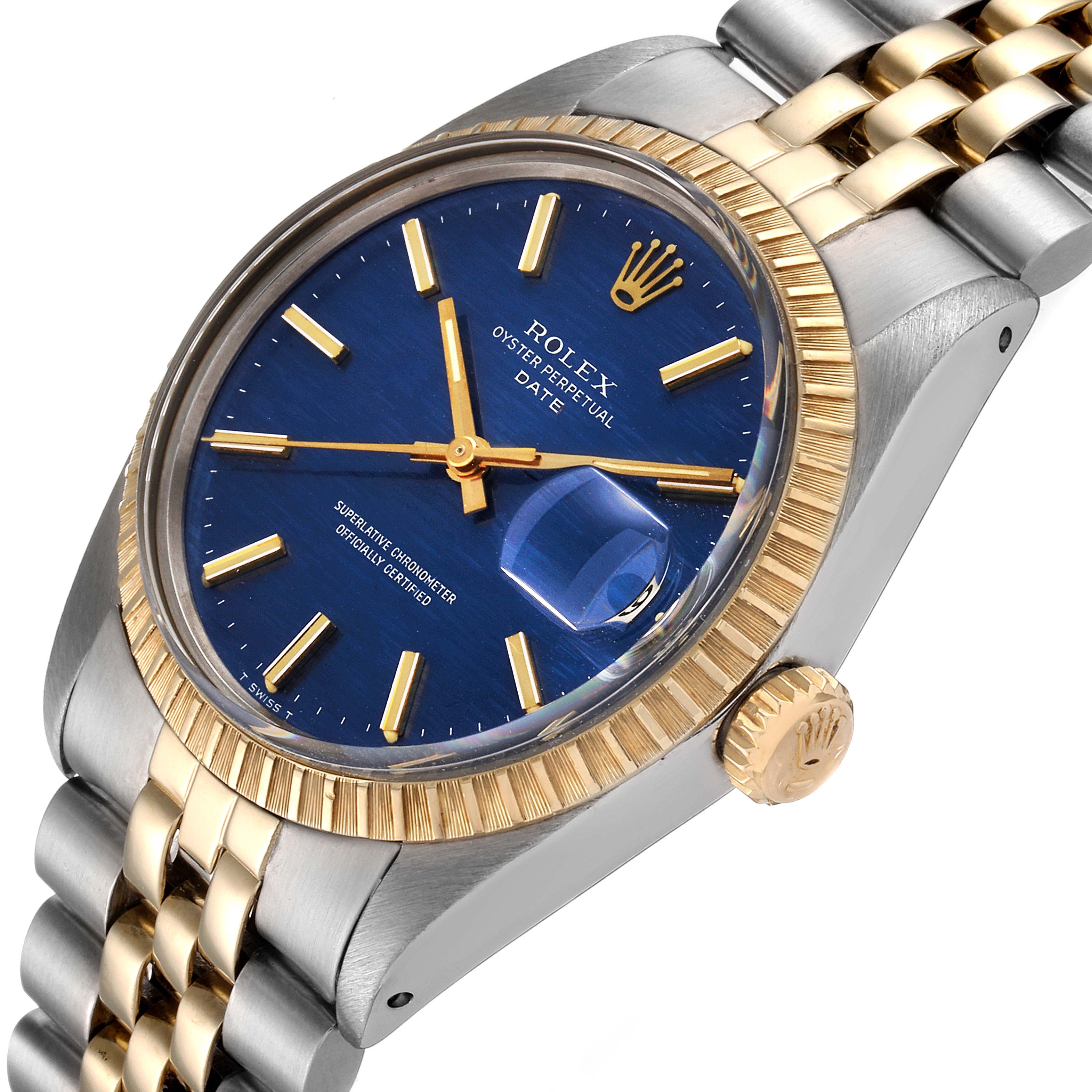 The Vintage Collection model by Rolex is shown from an angled view displaying the blue dial, gold bezel, crown, and part of the bracelet.