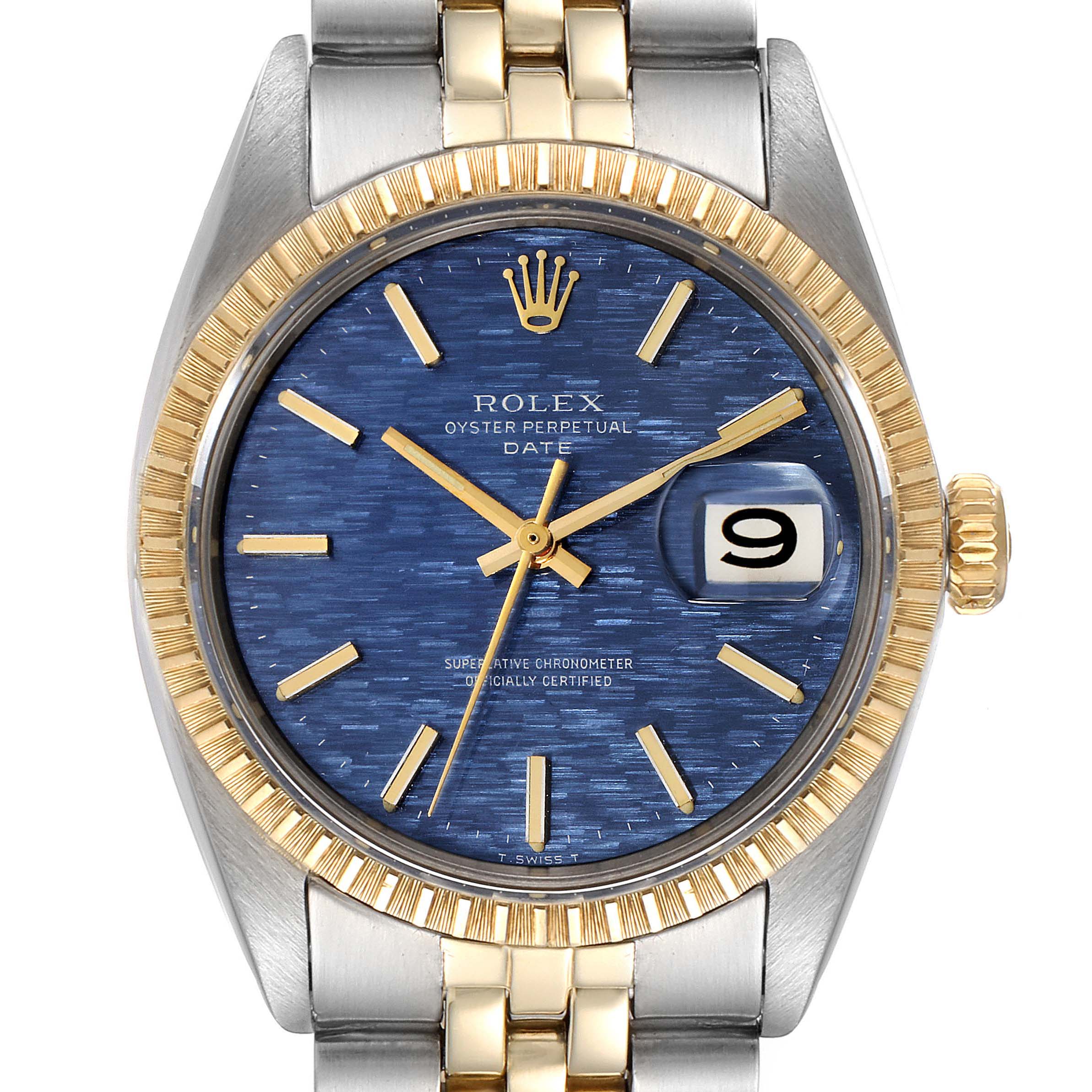 This image shows the front view of the Rolex Vintage Collection 1505 Men's Steel and Gold (two tone) Blue Dial 1505 Men's Steel and Gold (two tone) Blue Dial model, highlighting the blue dial, gold markers, cyclops date, and bi-metal bracelet.