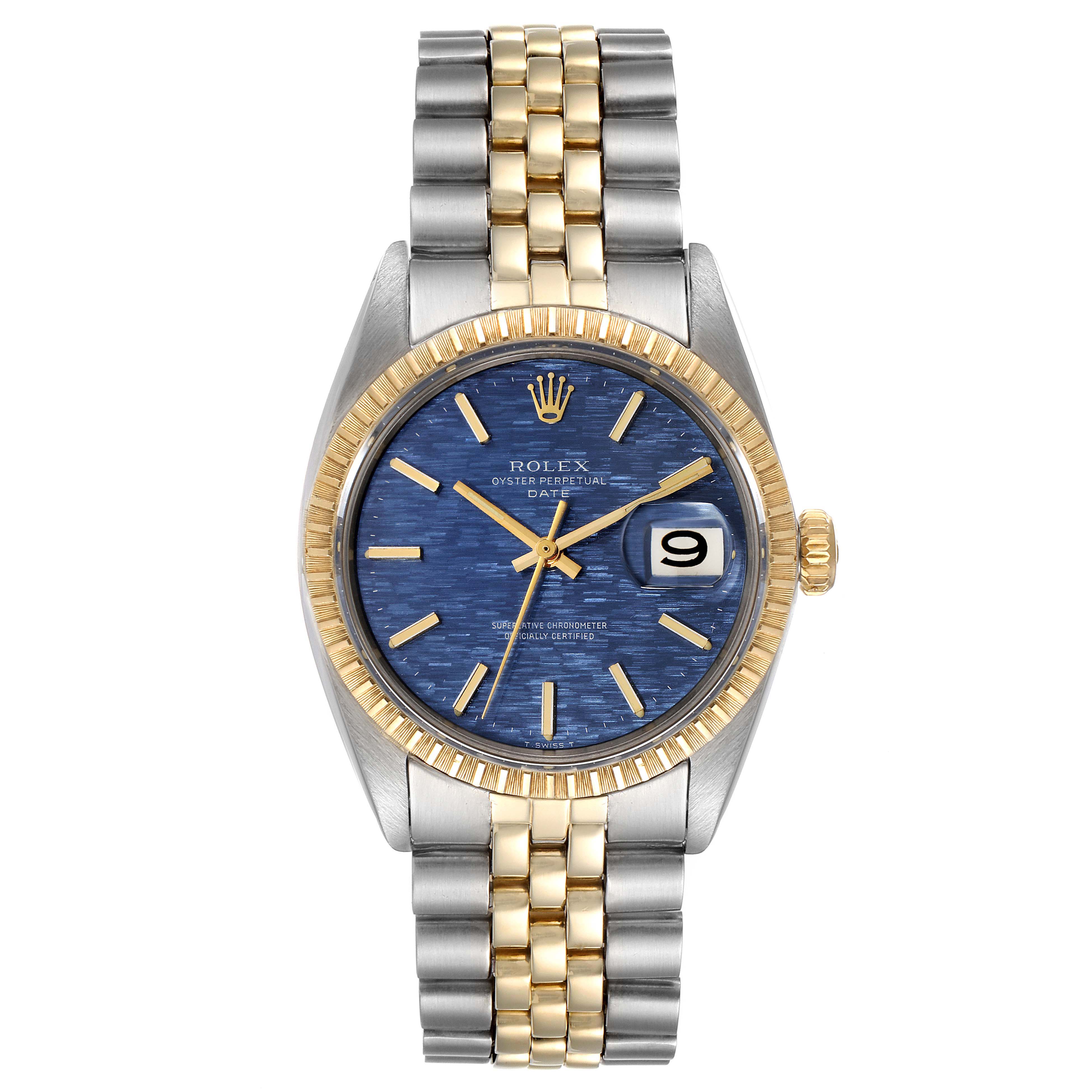 The image shows a frontal view of a Rolex Vintage Collection 1505 Men's Steel and Gold (two tone) Blue Dial 1505 Men's Steel and Gold (two tone) Blue Dial watch, displaying the blue dial, gold and silver bracelet, date window, and crown.