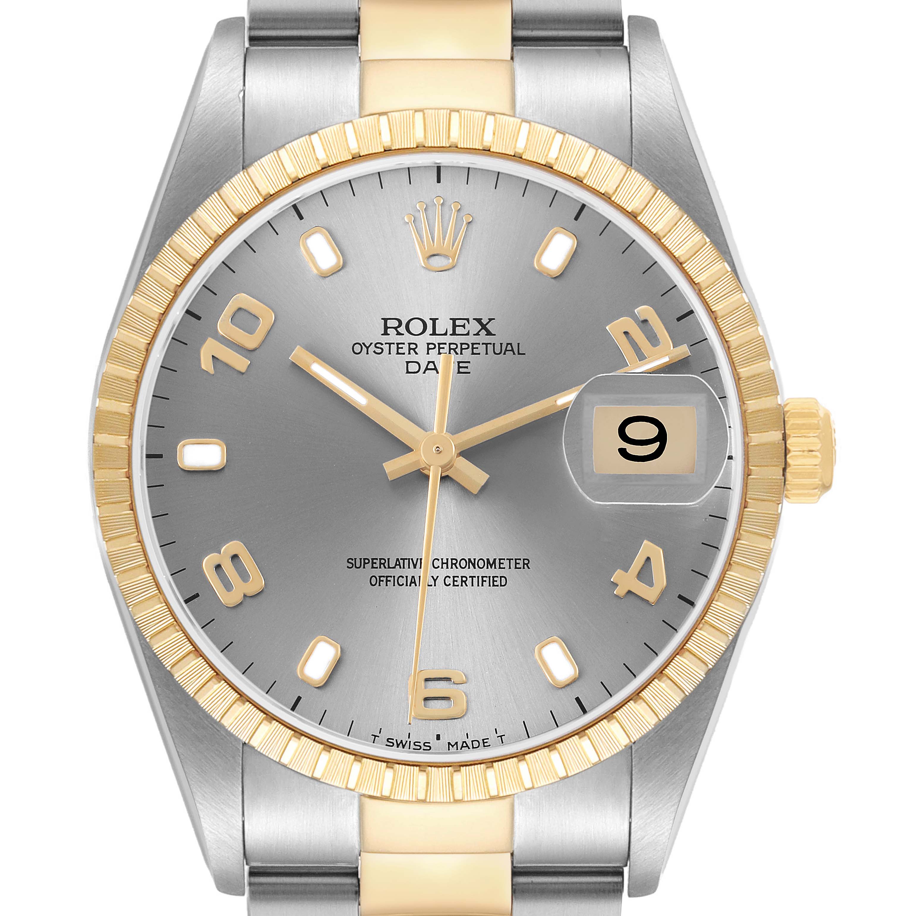 The Rolex Date 15223 Men's Steel and Gold (two tone) Silver Dial watch is shown from the front, highlighting its dial, bezel, crown, and bracelet.