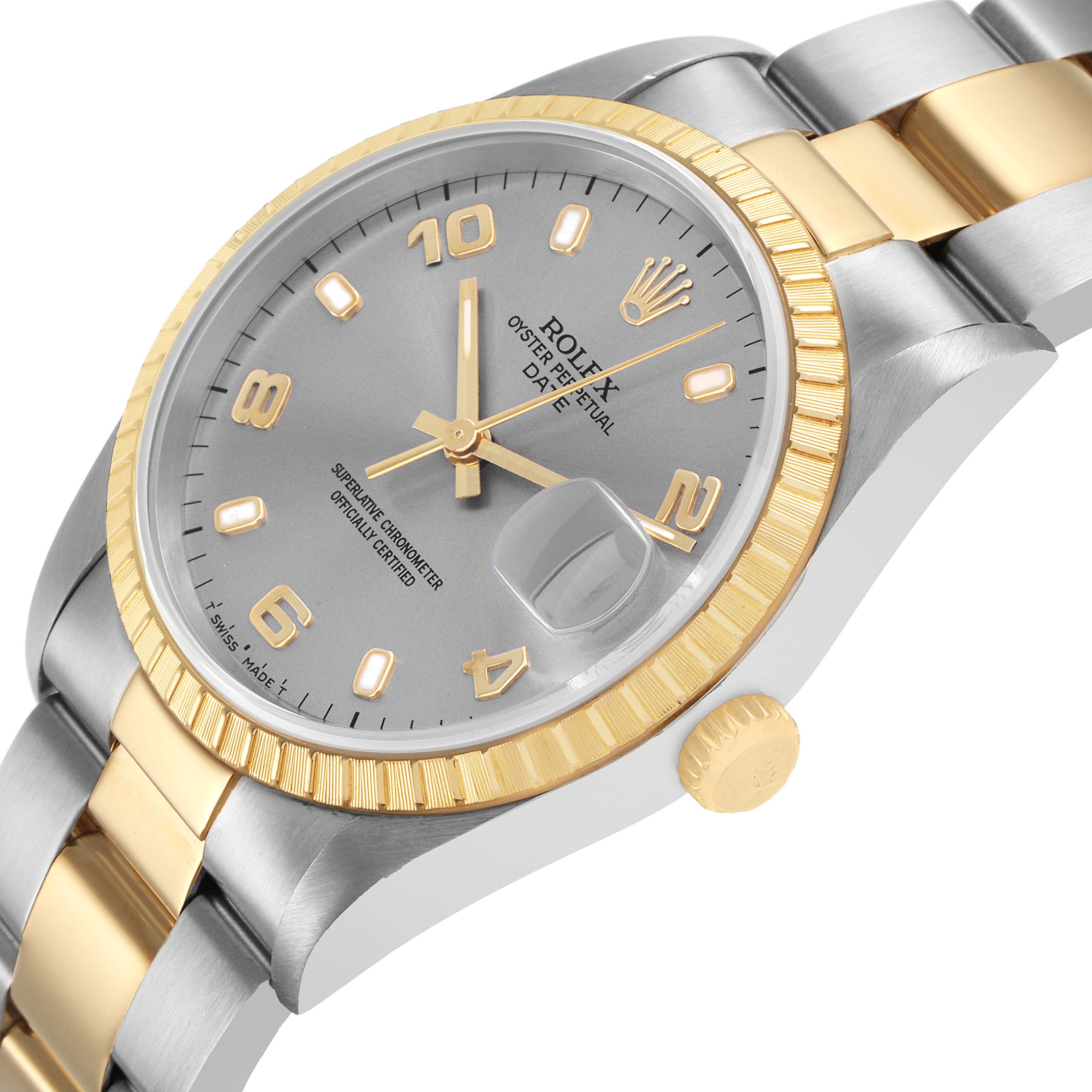 The Rolex Date 15223 Men's Steel and Gold (two tone) Silver Dial watch is shown at a slight angle, highlighting its face, bezel, crown, and part of the bracelet.