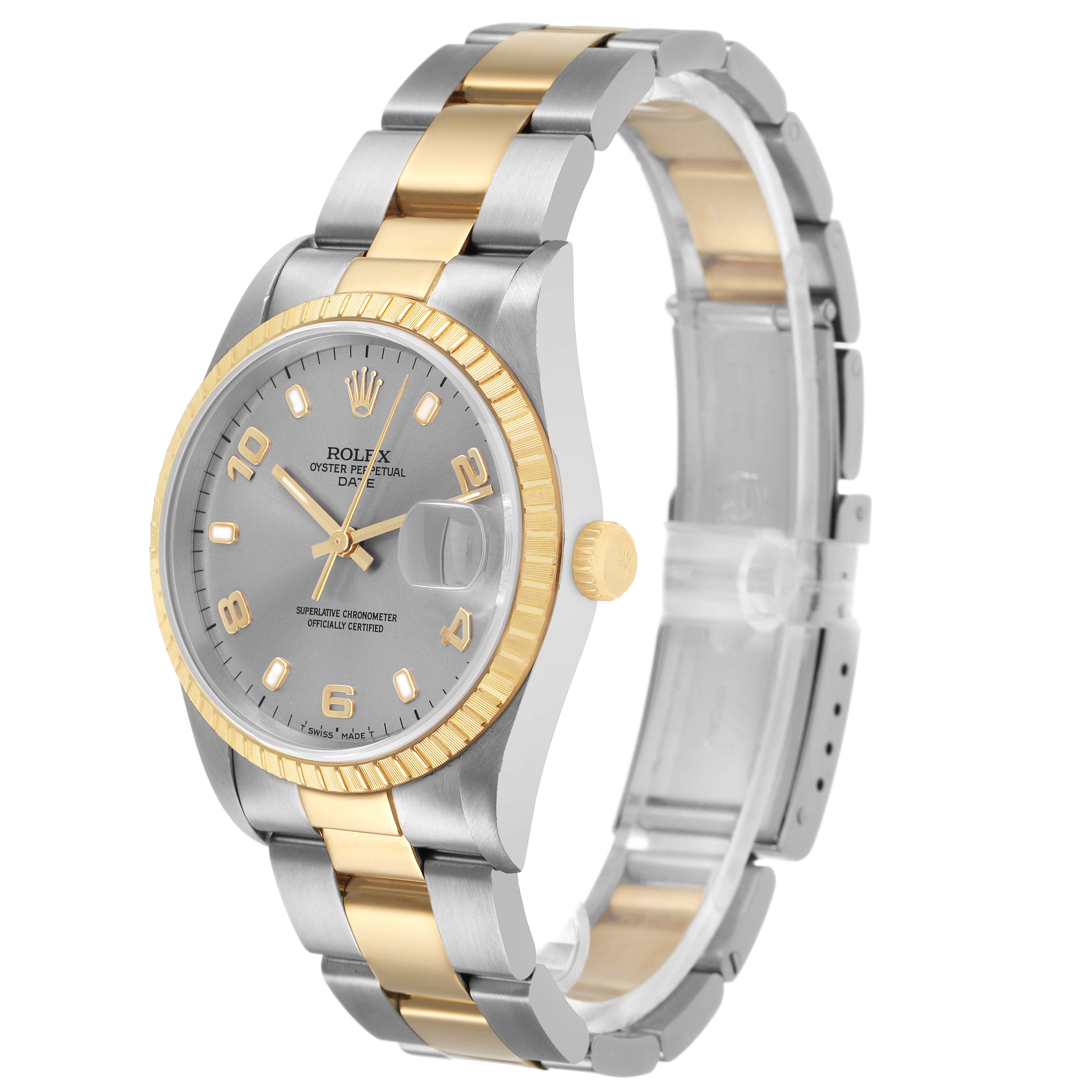 The Rolex Date 15223 Men's Steel and Gold (two tone) Silver Dial watch is shown at a three-quarter angle, displaying the face, bezel, crown, and part of the bracelet.