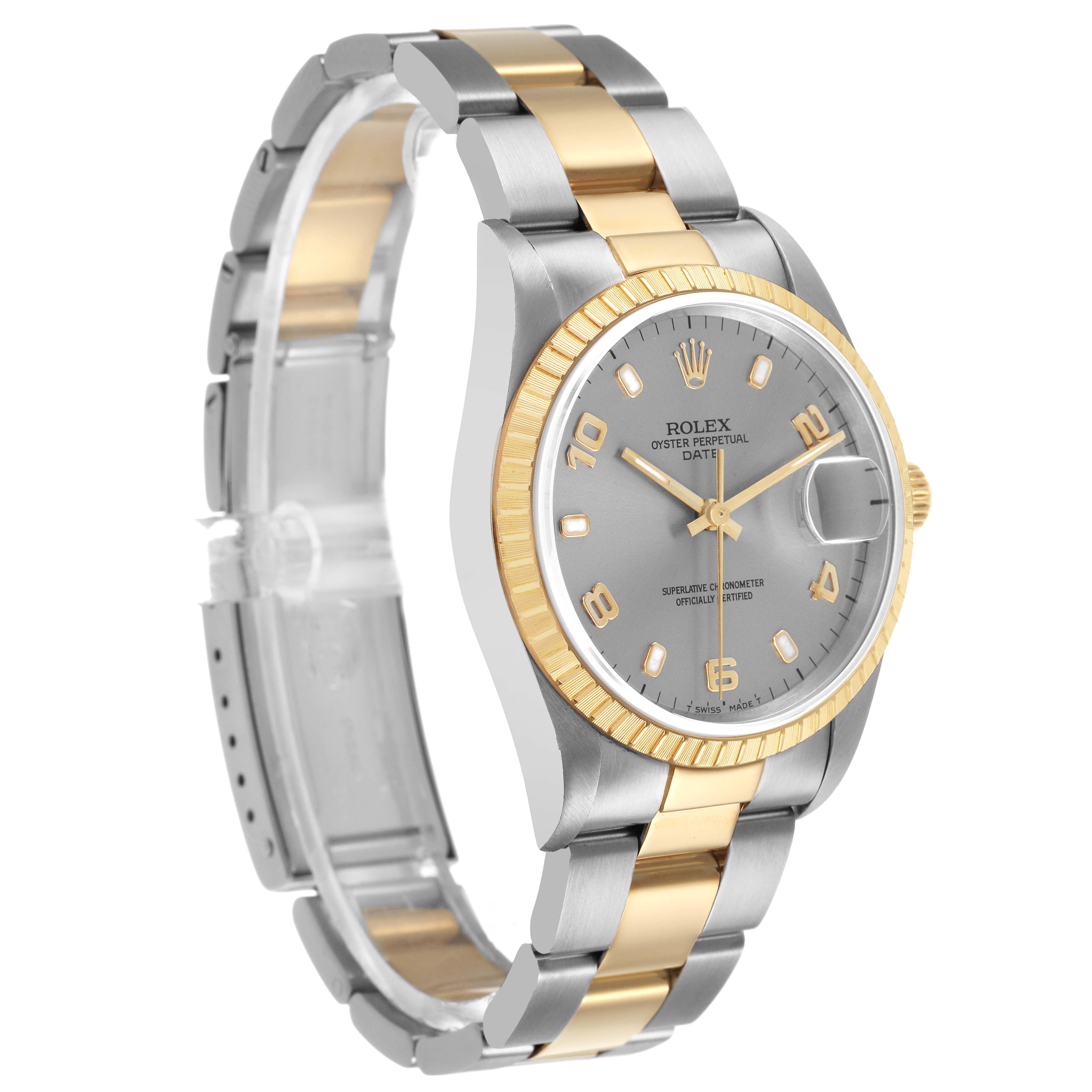 The Rolex Date 15223 Men's Steel and Gold (two tone) Silver Dial model is shown at a three-quarter angle, highlighting the dial, bezel, and two-tone bracelet.