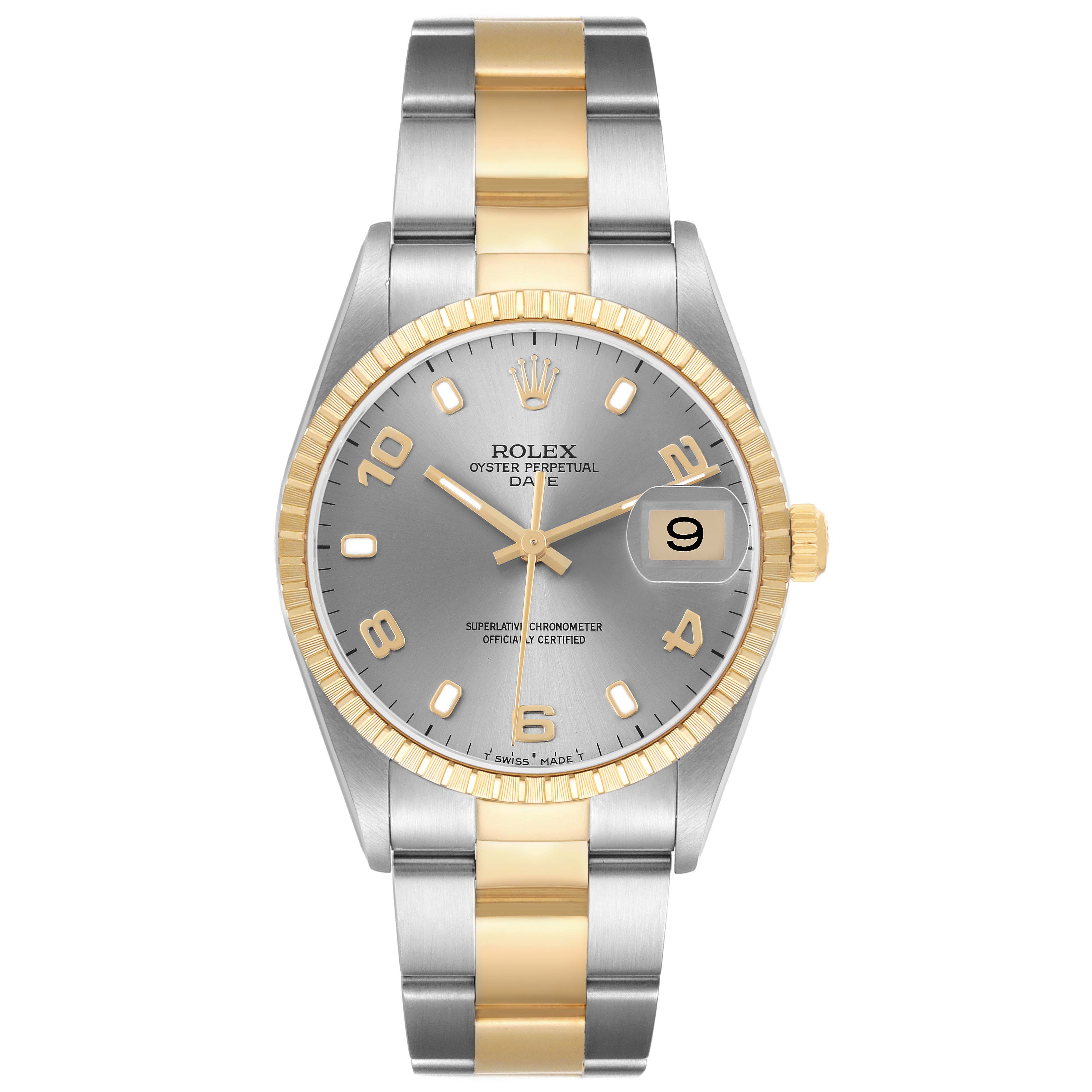 The Rolex Date 15223 Men's Steel and Gold (two tone) Silver Dial model is shown from a frontal angle, displaying its face, bezel, bracelet, and crown.
