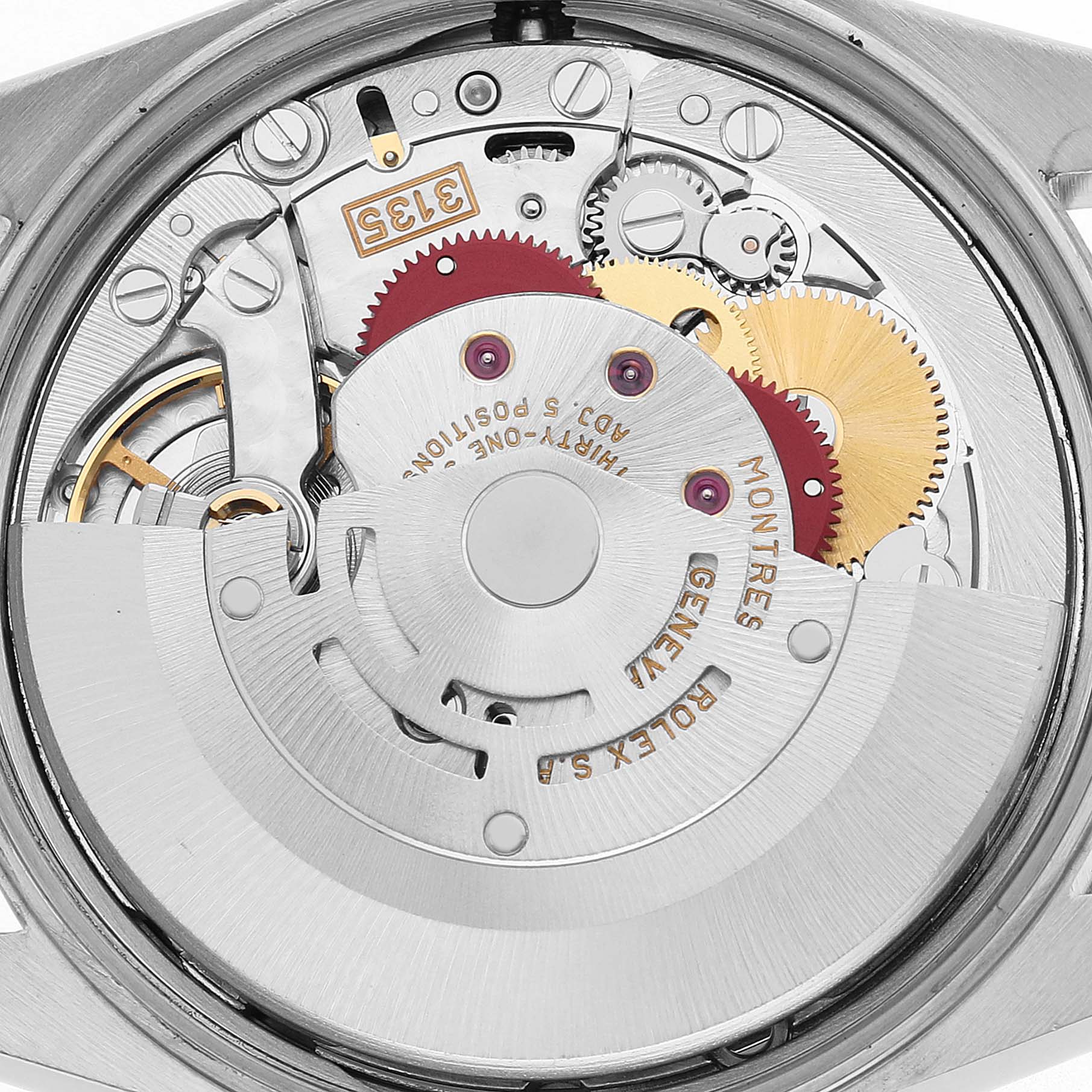 The image shows the movement of a Rolex Date 15223 Men's Steel and Gold (two tone) Silver Dial model watch from the back, featuring gears and inscriptions.