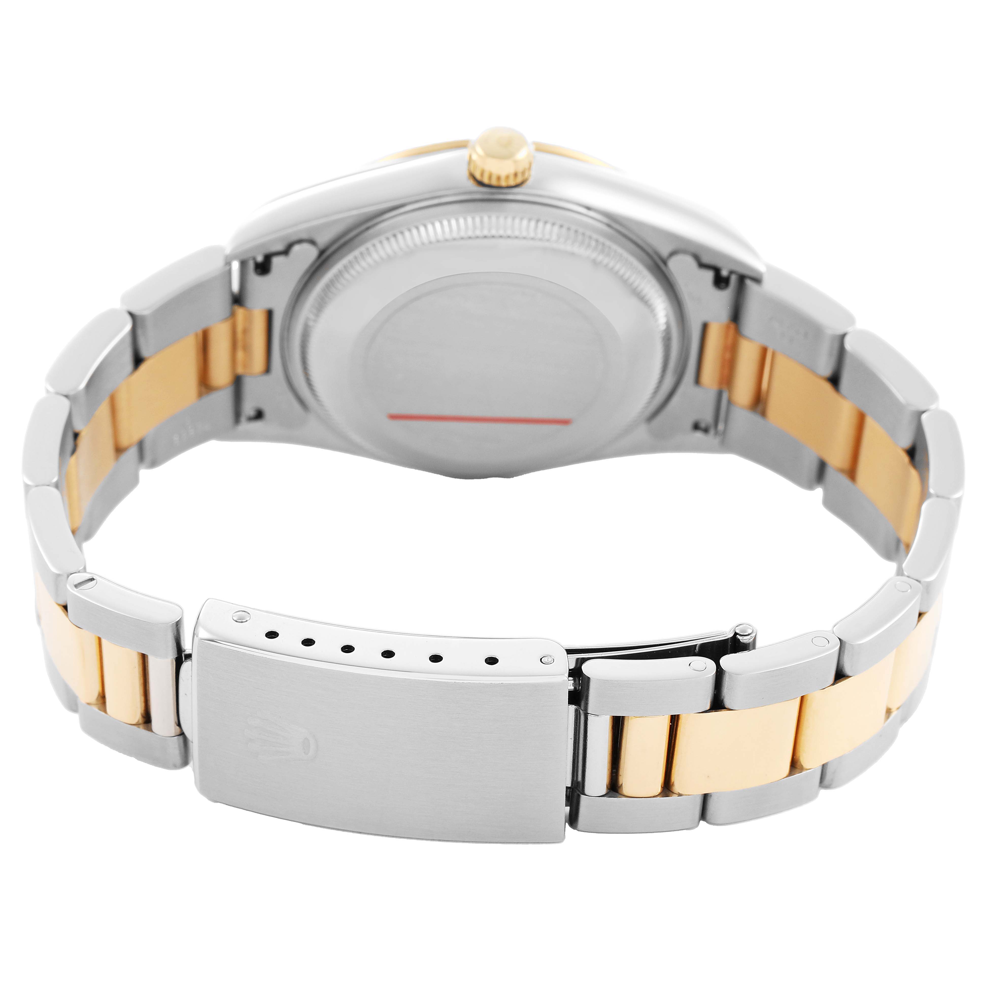 The image shows the back of a Rolex Date 15223 Men's Steel and Gold (two tone) Silver Dial model watch, highlighting the stainless steel case, gold crown, and two-tone bracelet with clasp.