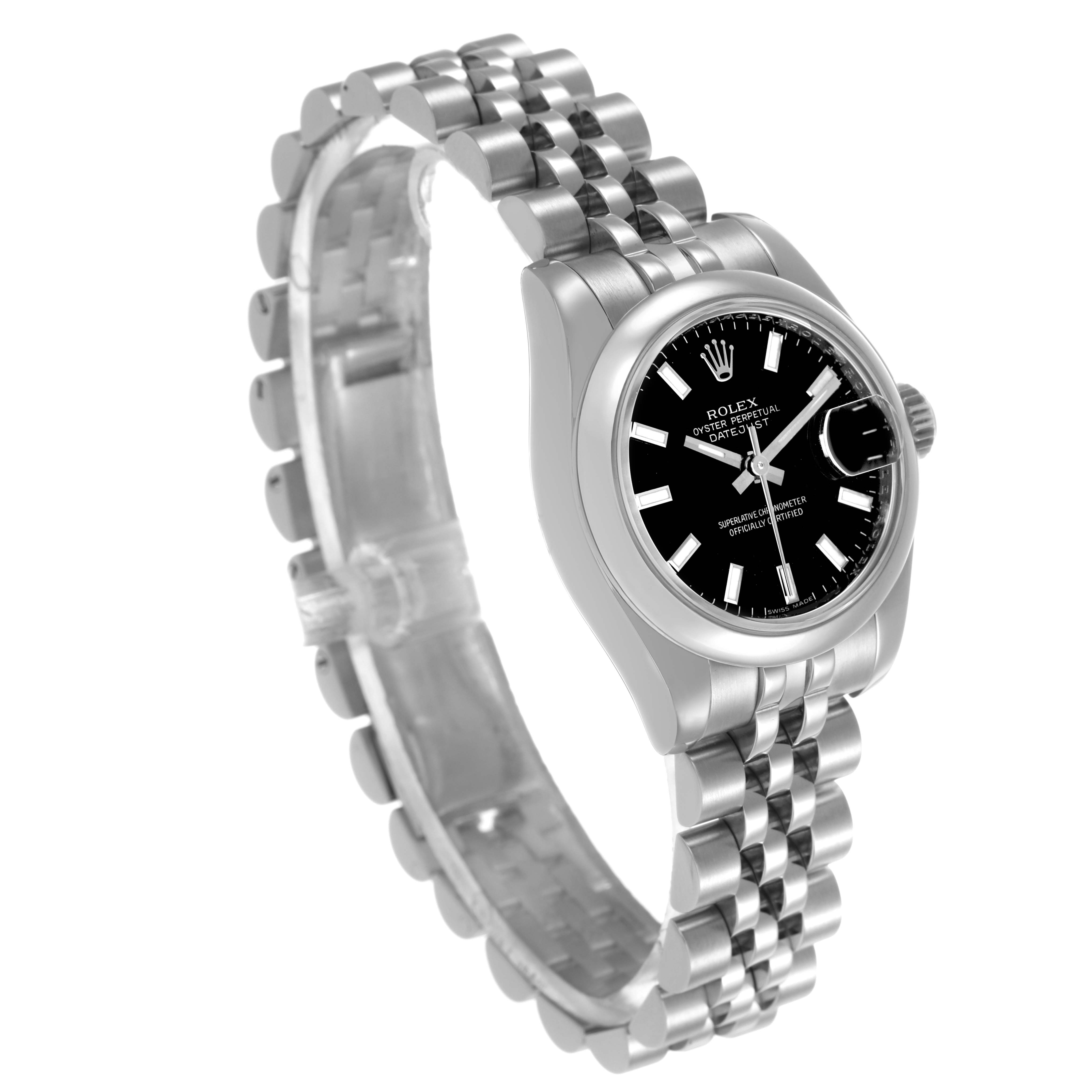 The Rolex Datejust 179160 Women's Stainless Steel Black Dial watch is shown at an angled side view, displaying the face, bezel, and Jubilee bracelet.