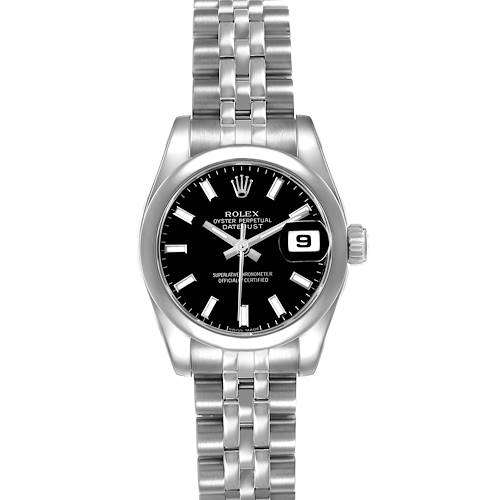The Rolex Datejust 179160 Women's Stainless Steel Black Dial watch is shown from a front angle, highlighting the black dial, stainless steel bracelet, and date window at 3 o'clock.