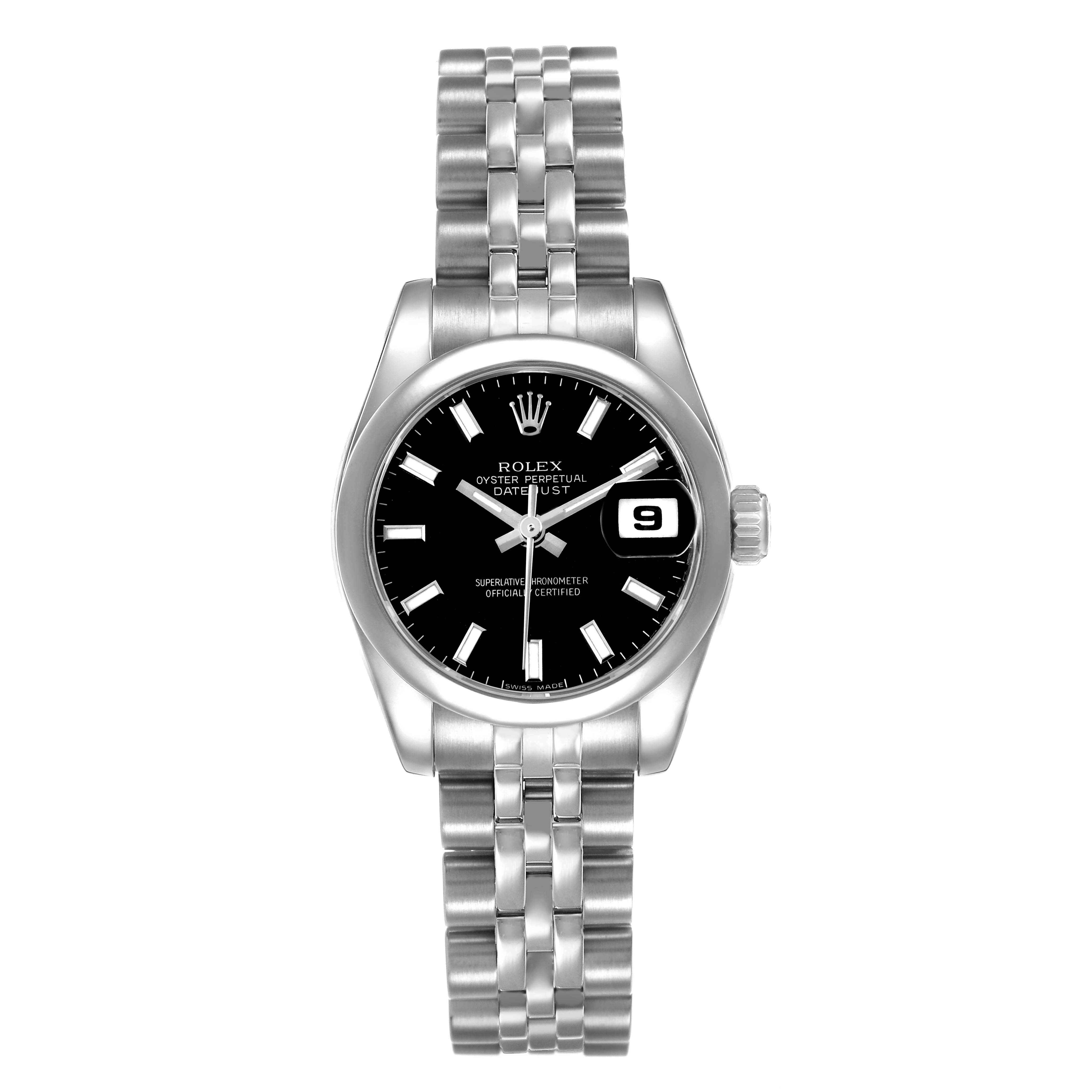 The Rolex Datejust 179160 Women's Stainless Steel Black Dial watch is shown from a front angle, displaying its face, bezel, and a portion of the bracelet.