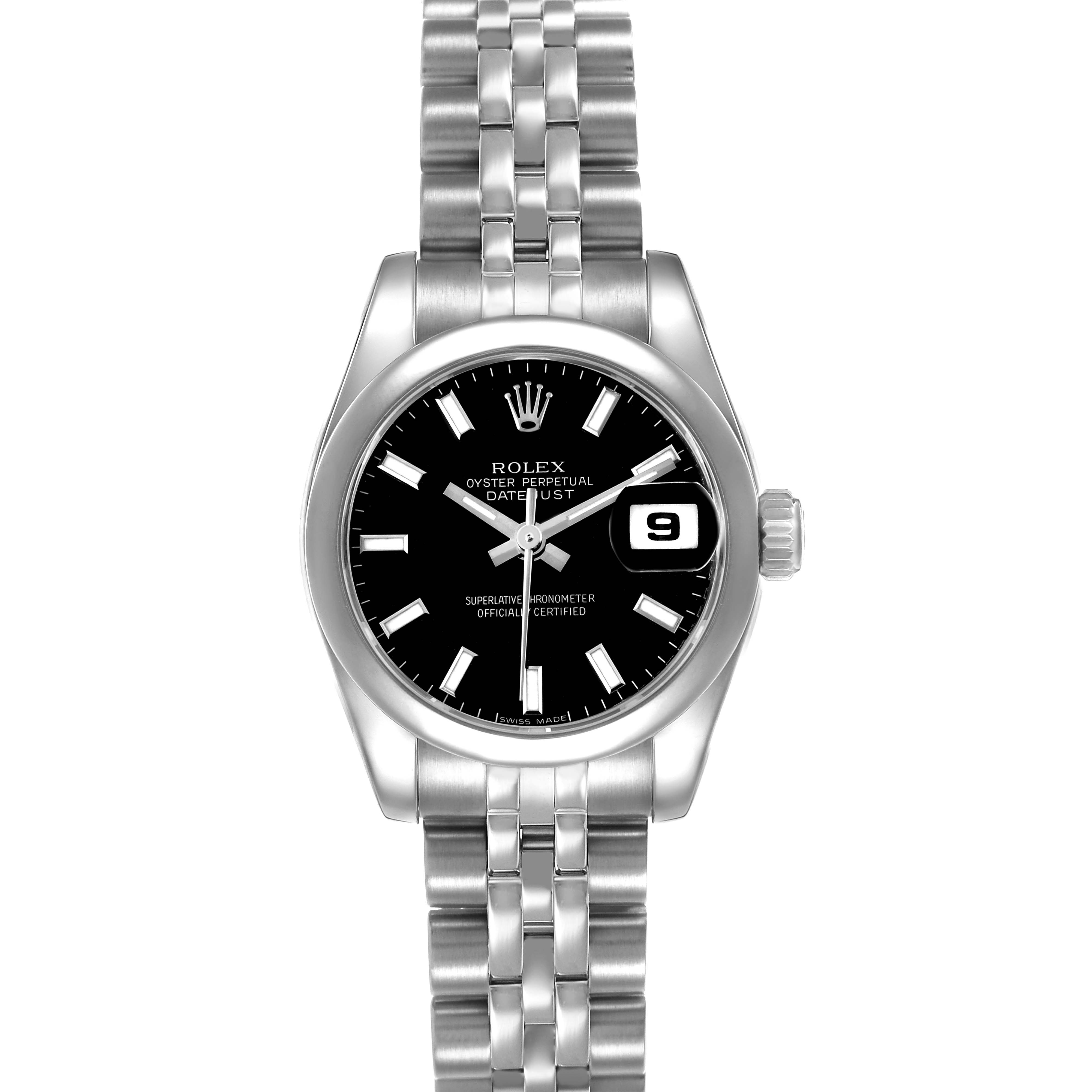 The Rolex Datejust 179160 Women's Stainless Steel Black Dial watch is shown from a straight-on angle, displaying its dial, bezel, bracelet, and date window.