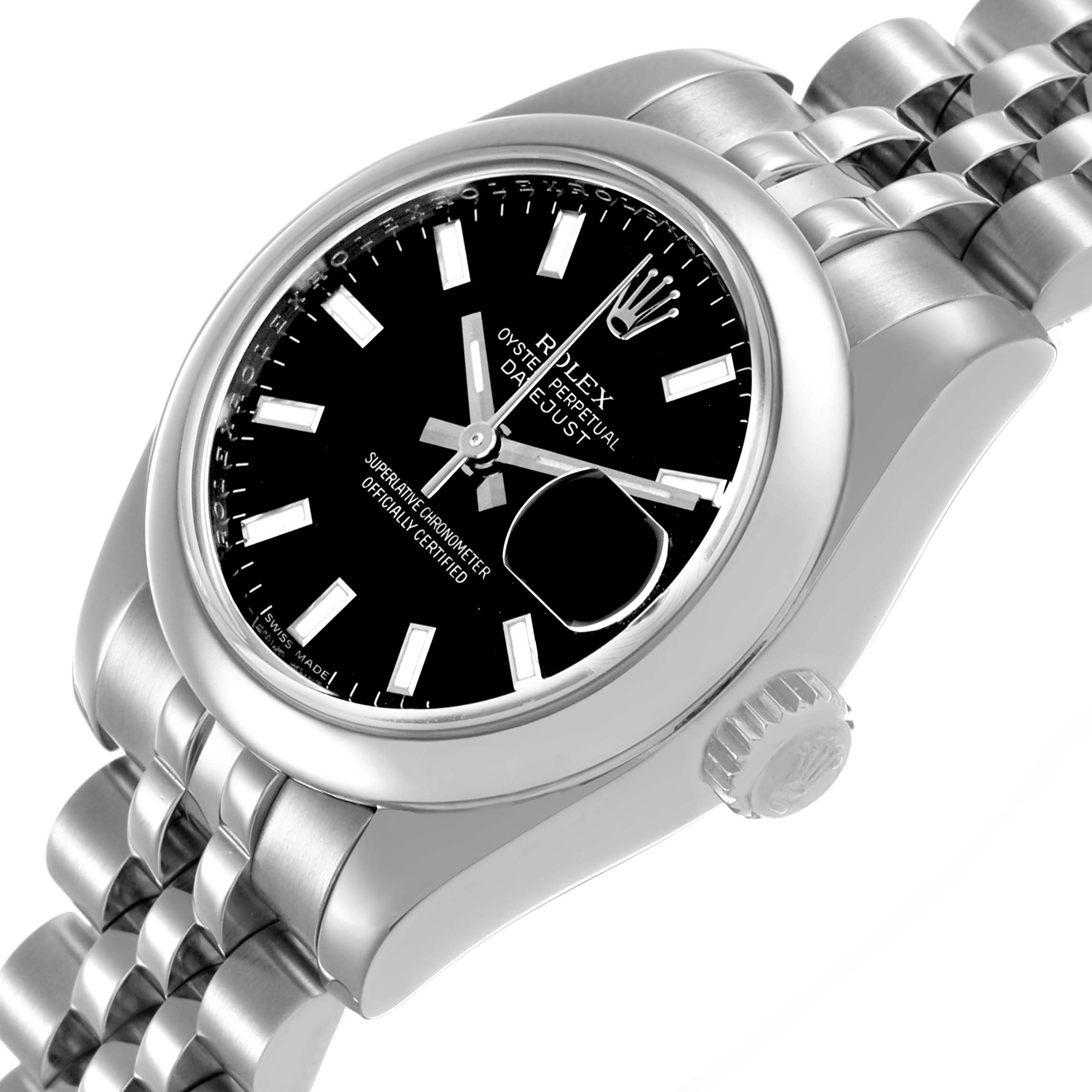 The Rolex Datejust 179160 Women's Stainless Steel Black Dial watch is shown at a three-quarter angle, highlighting the dial, bezel, crown, and bracelet.