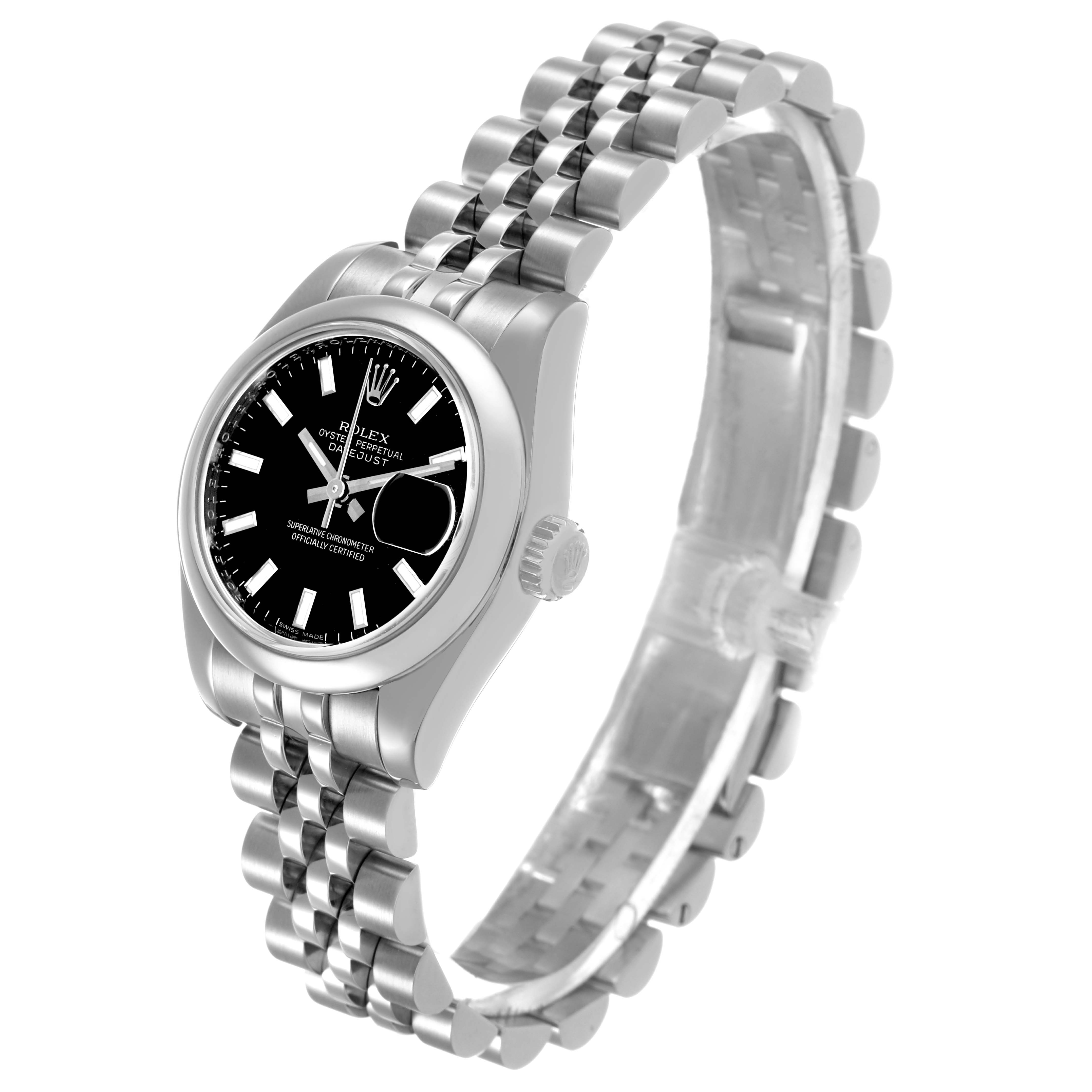 The Rolex Datejust 179160 Women's Stainless Steel Black Dial watch is shown at a three-quarter angle, displaying its face, bezel, crown, and bracelet.