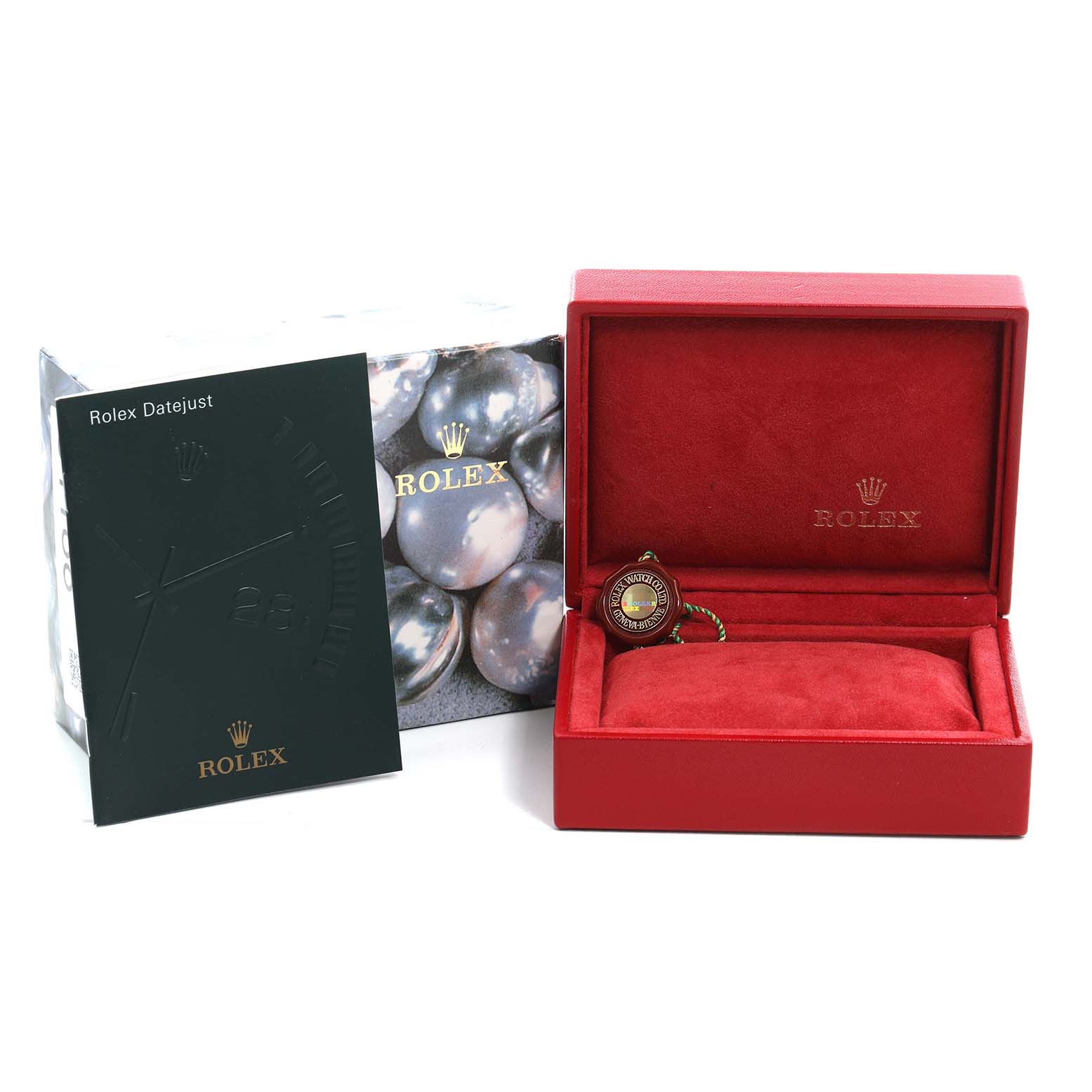 The image shows a Rolex Datejust 179160 Women's Stainless Steel Black Dial box, hang tag, booklet, and packaging from a straight-on angle.