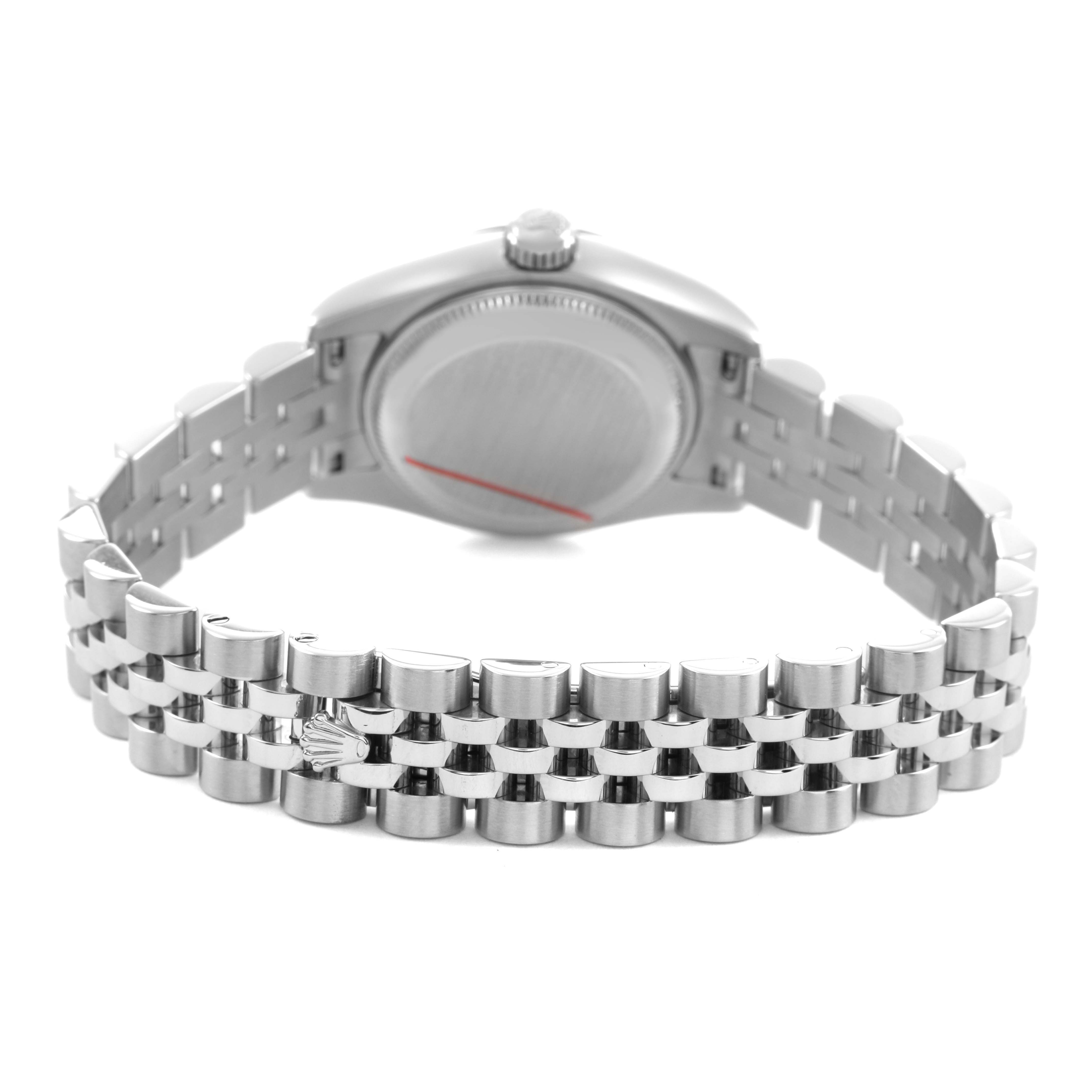 The image shows the back view of the Rolex Datejust 179160 Women's Stainless Steel Black Dial, highlighting its bracelet and case back.