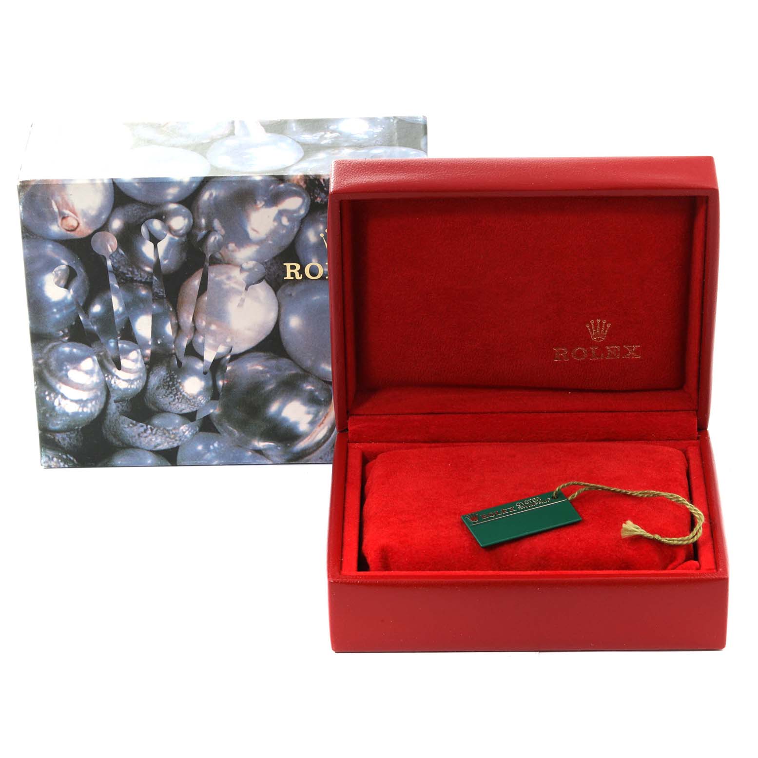 The image shows the packaging for a Rolex Datejust 79174 Women's Stainless Steel Blue Dial 79174 Women's Stainless Steel Blue Dial watch, featuring an open red box with a tag and a decorative outer box.