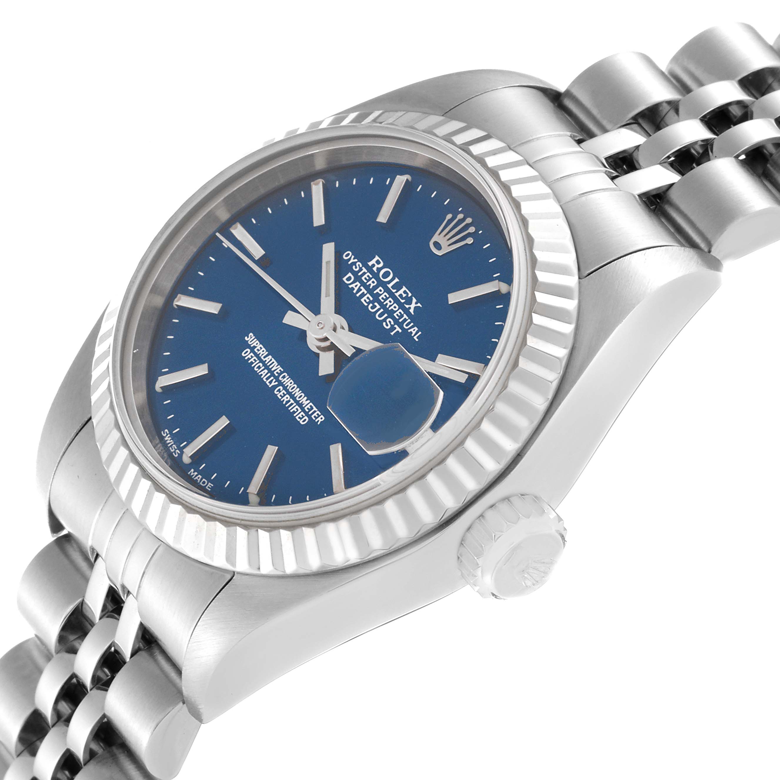 The image shows a Rolex Datejust 79174 Women's Stainless Steel Blue Dial 79174 Women's Stainless Steel Blue Dial watch at an angled side view, highlighting the blue dial, fluted bezel, and part of the jubilee bracelet.
