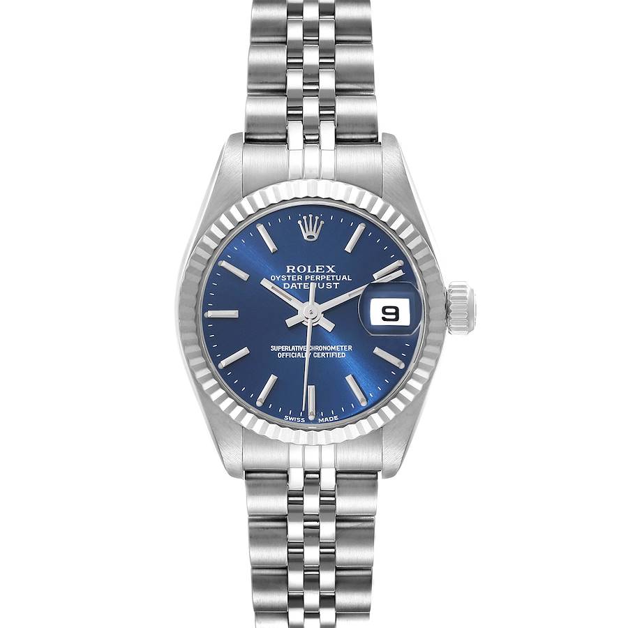 The Rolex Datejust watch is shown from a front angle, displaying the face, bezel, and part of the bracelet.