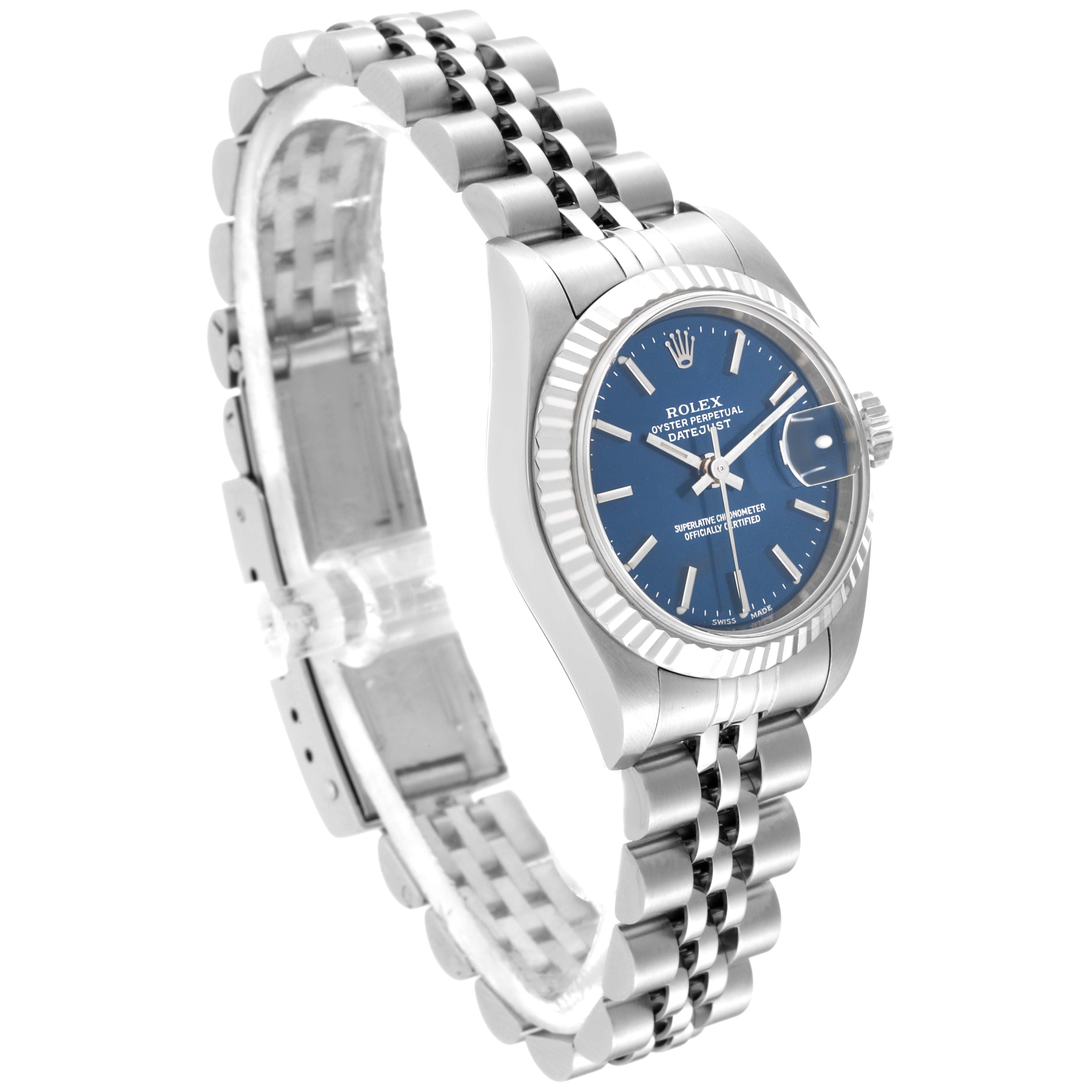 This image shows a Rolex Datejust 79174 Women's Stainless Steel Blue Dial 79174 Women's Stainless Steel Blue Dial watch at a slightly tilted angle, highlighting the face, bezel, and Jubilee bracelet.