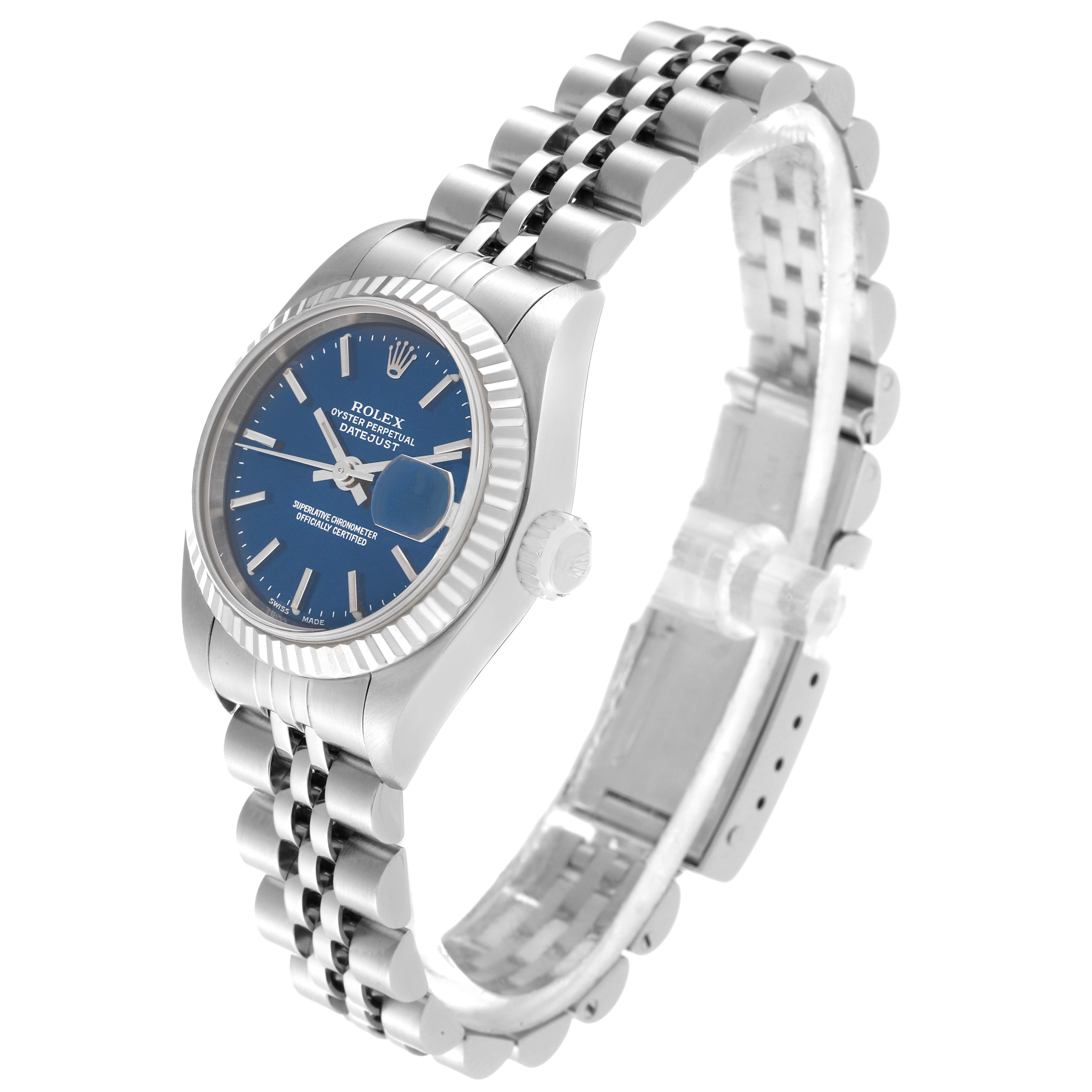 This image shows a Rolex Datejust 79174 Women's Stainless Steel Blue Dial 79174 Women's Stainless Steel Blue Dial watch at a three-quarter angle, displaying the dial, bezel, crown, and bracelet.