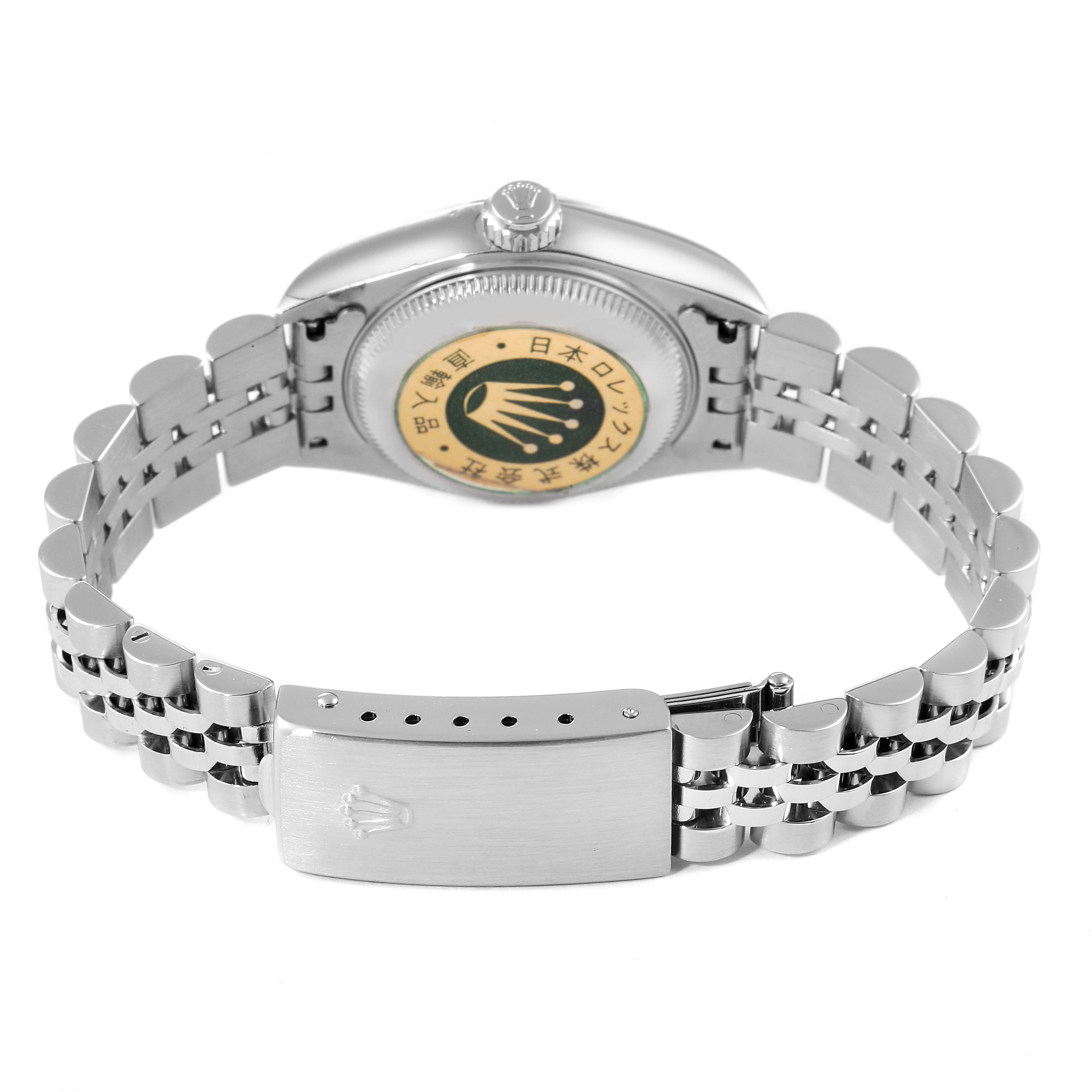 The image shows the back view of a Rolex Datejust 79174 Women
s Stainless Steel Silver Dial 79174 Women
s Stainless Steel Silver Dial watch, highlighting its bracelet and clasp.