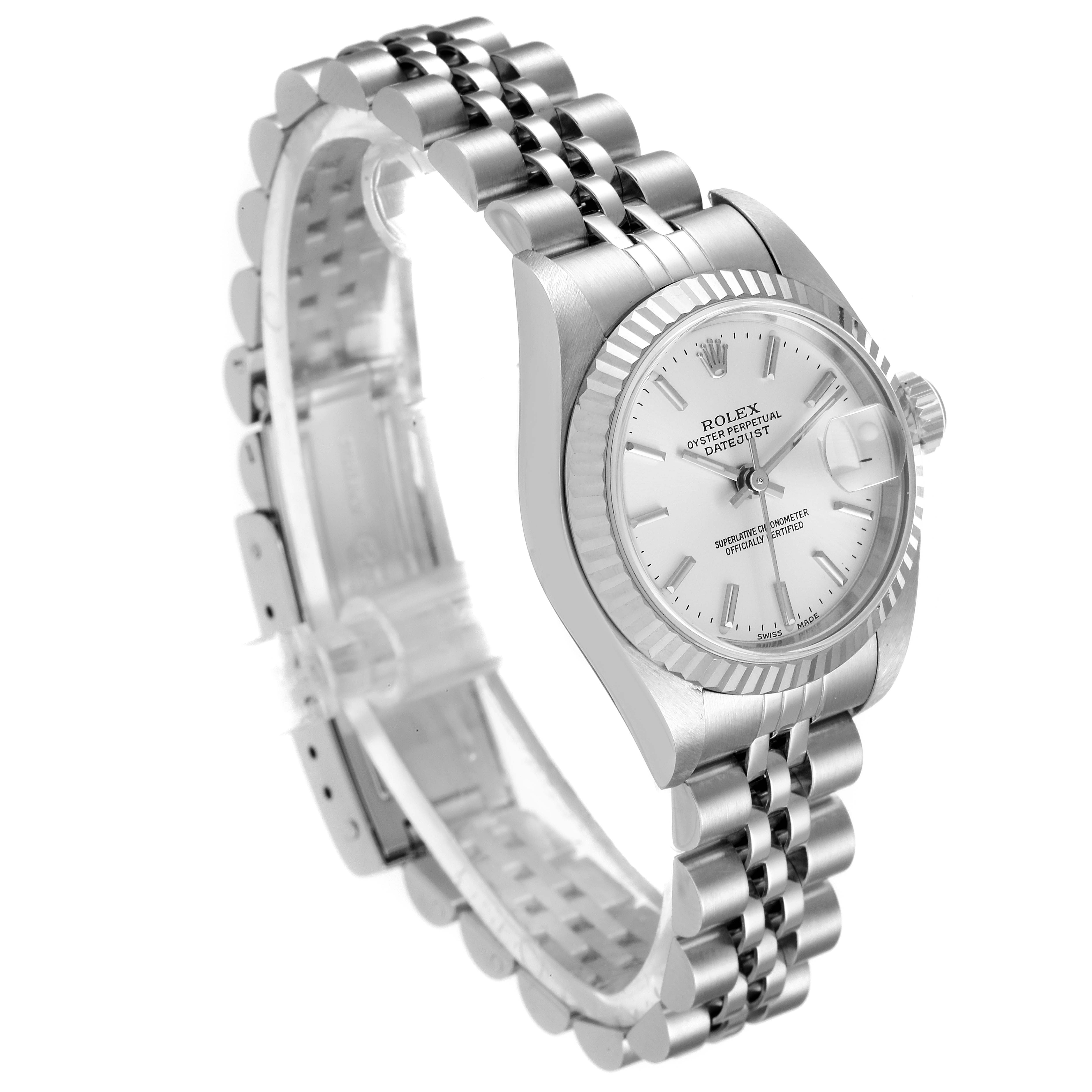 This is a Rolex Datejust 79174 Women
s Stainless Steel Silver Dial 79174 Women
s Stainless Steel Silver Dial watch shown from a three-quarter angle, highlighting the face, bezel, and bracelet.