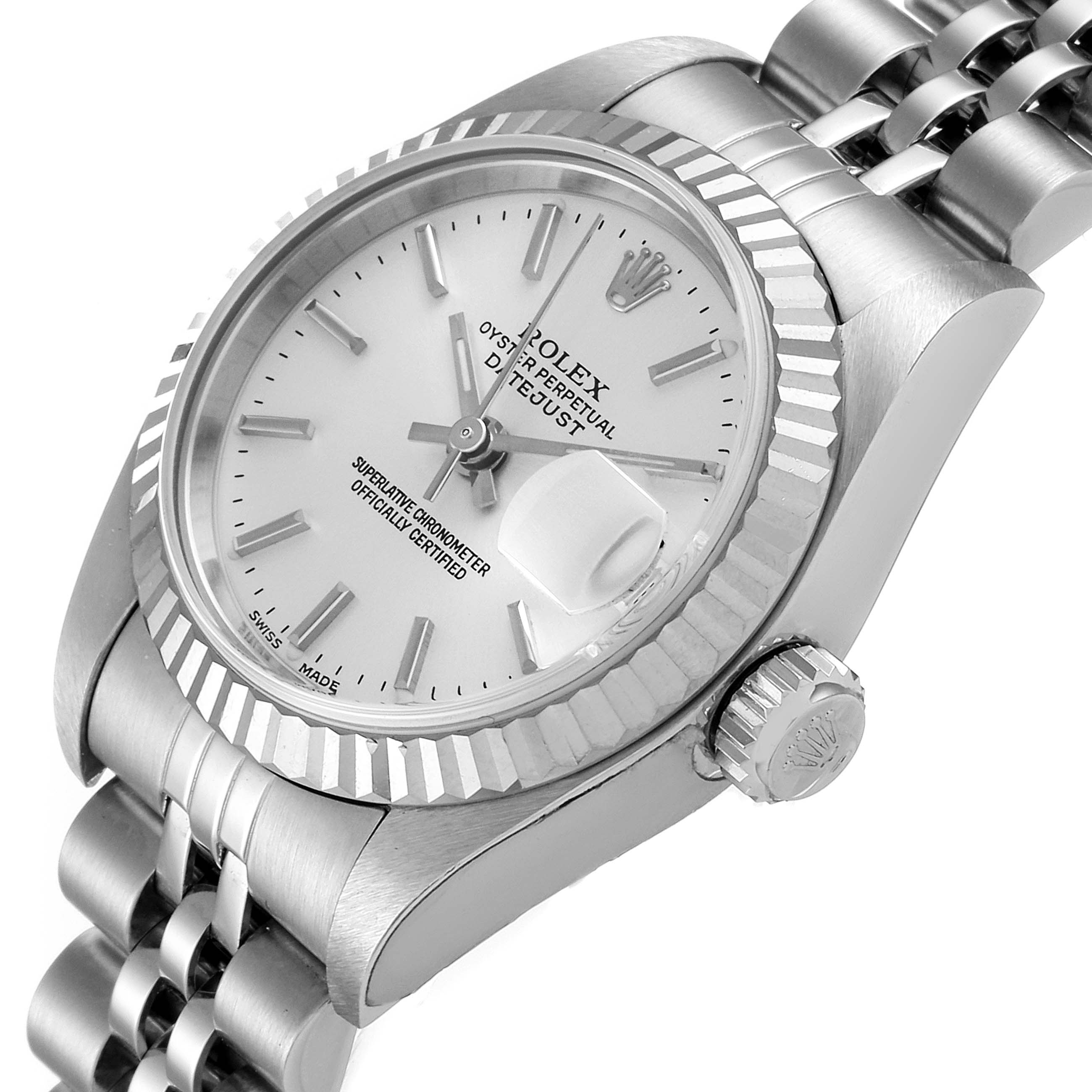 This image shows a Rolex Datejust 79174 Women
s Stainless Steel Silver Dial 79174 Women
s Stainless Steel Silver Dial watch at an angled view, displaying the dial, fluted bezel, crown, and part of the bracelet.