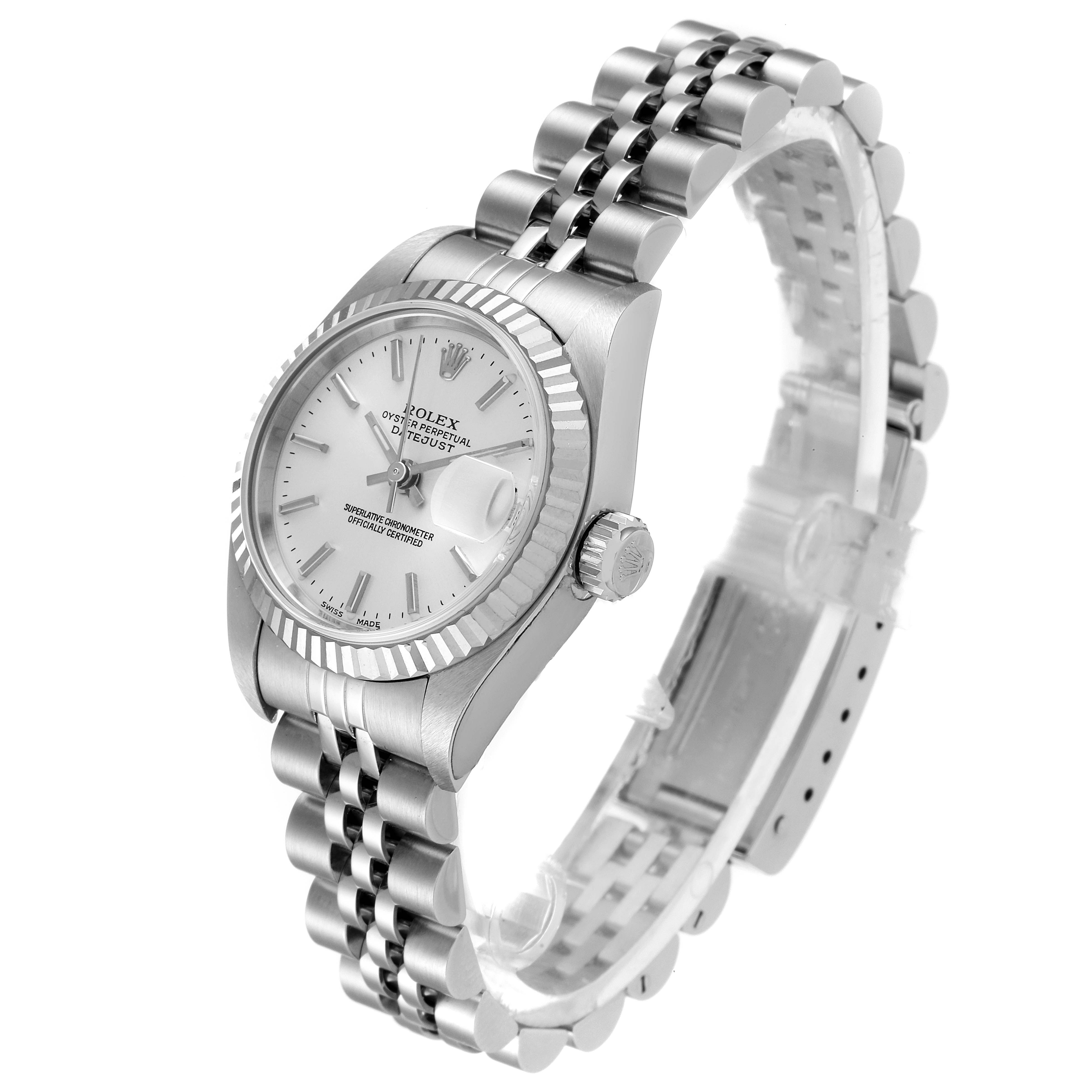The image shows a Rolex Datejust 79174 Women
s Stainless Steel Silver Dial 79174 Women
s Stainless Steel Silver Dial watch at a slight angle, highlighting its face, bezel, crown, and the Jubilee bracelet.