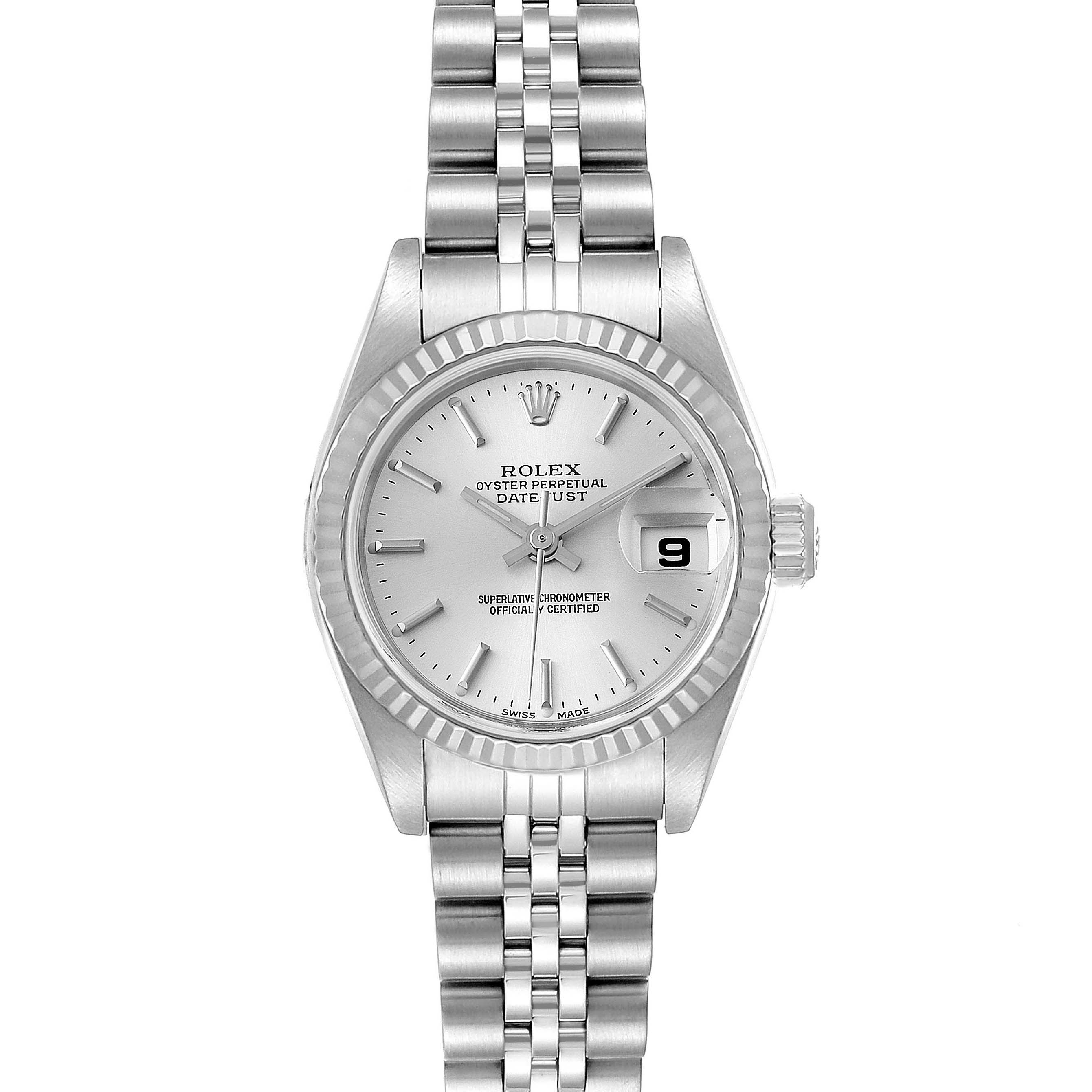 This image shows a full front view of the Rolex Datejust 79174 Women
s Stainless Steel Silver Dial 79174 Women
s Stainless Steel Silver Dial watch, displaying its dial, hands, date, and jubilee bracelet.