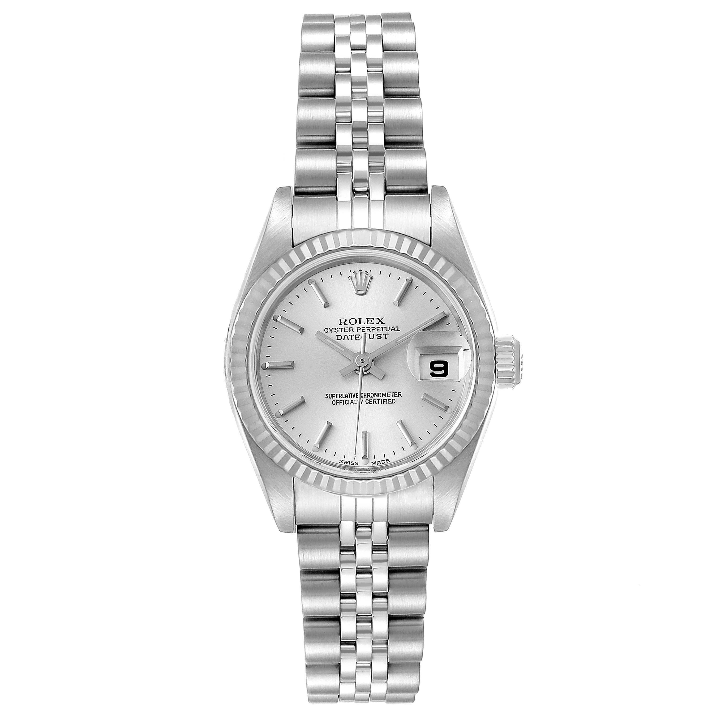 This image shows a Rolex Datejust 79174 Women
s Stainless Steel Silver Dial 79174 Women
s Stainless Steel Silver Dial watch from the front, displaying its dial, bezel, bracelet, and date window.