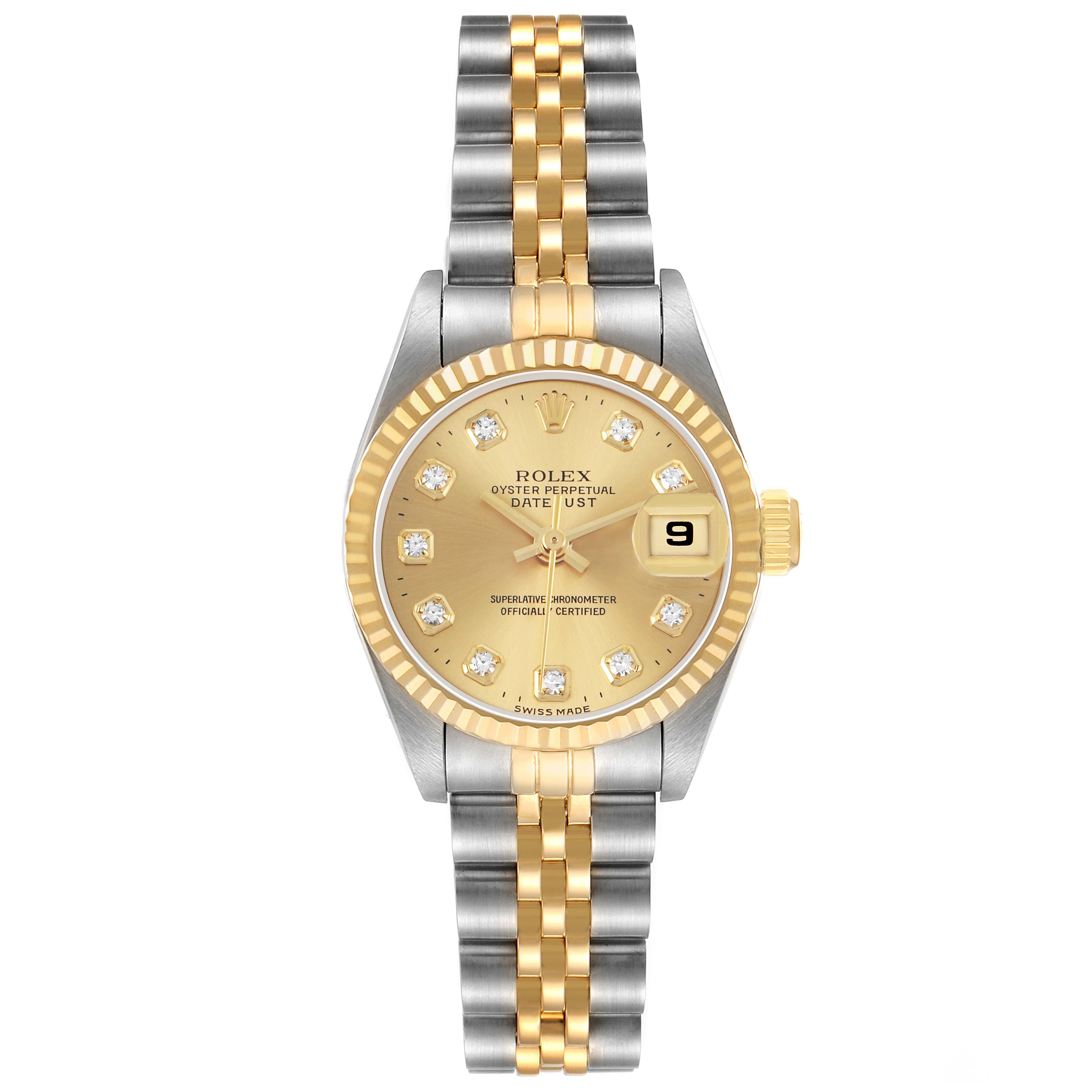 The Rolex Datejust 69173 Women's Stainless Steel Champagne Dial watch is shown from a top view, featuring its gold face, fluted bezel, jubilee bracelet, and date window.