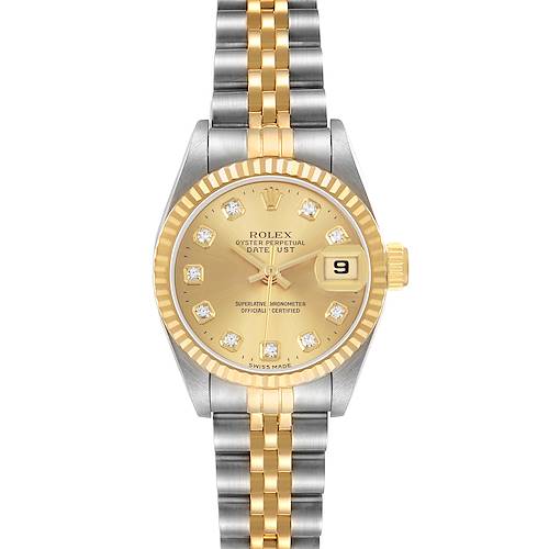 The Rolex Datejust 69173 Women's Stainless Steel Champagne Dial watch is shown from a straight-on view, highlighting the dial, bezel, bracelet, and crown.
