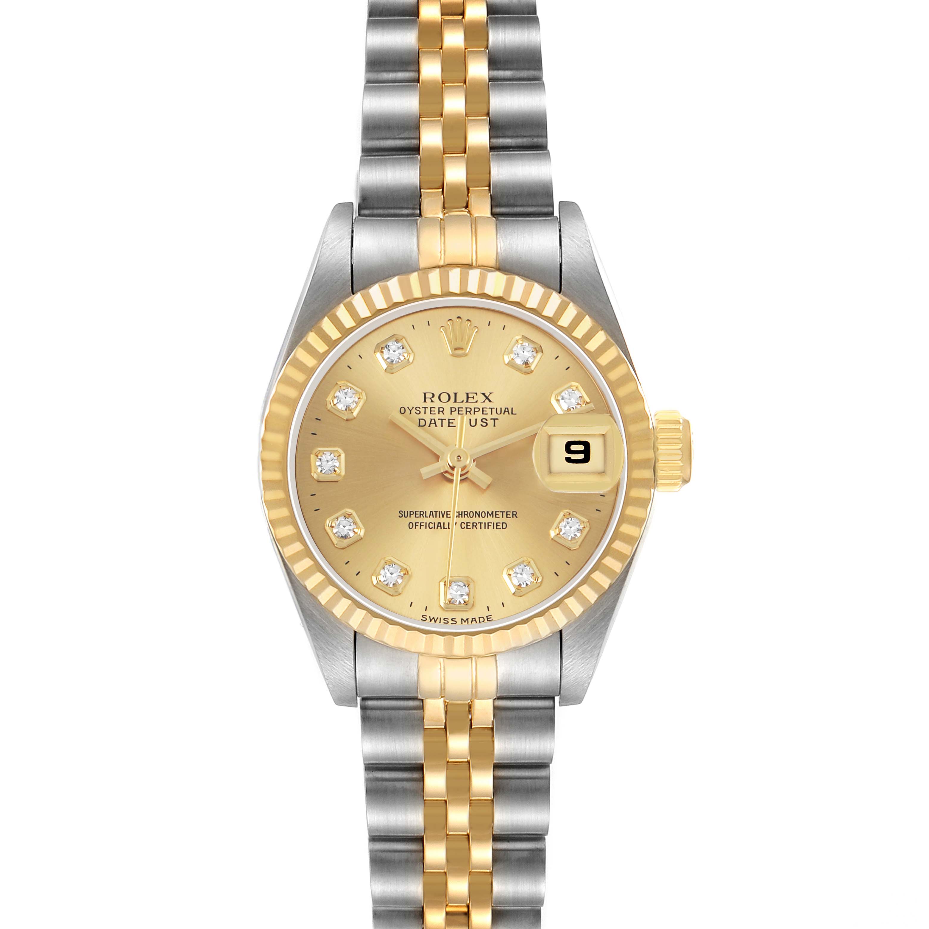 The Rolex Datejust 69173 Women's Stainless Steel Champagne Dial watch is shown from a top-down angle, displaying the dial, bezel, case, and bracelet.