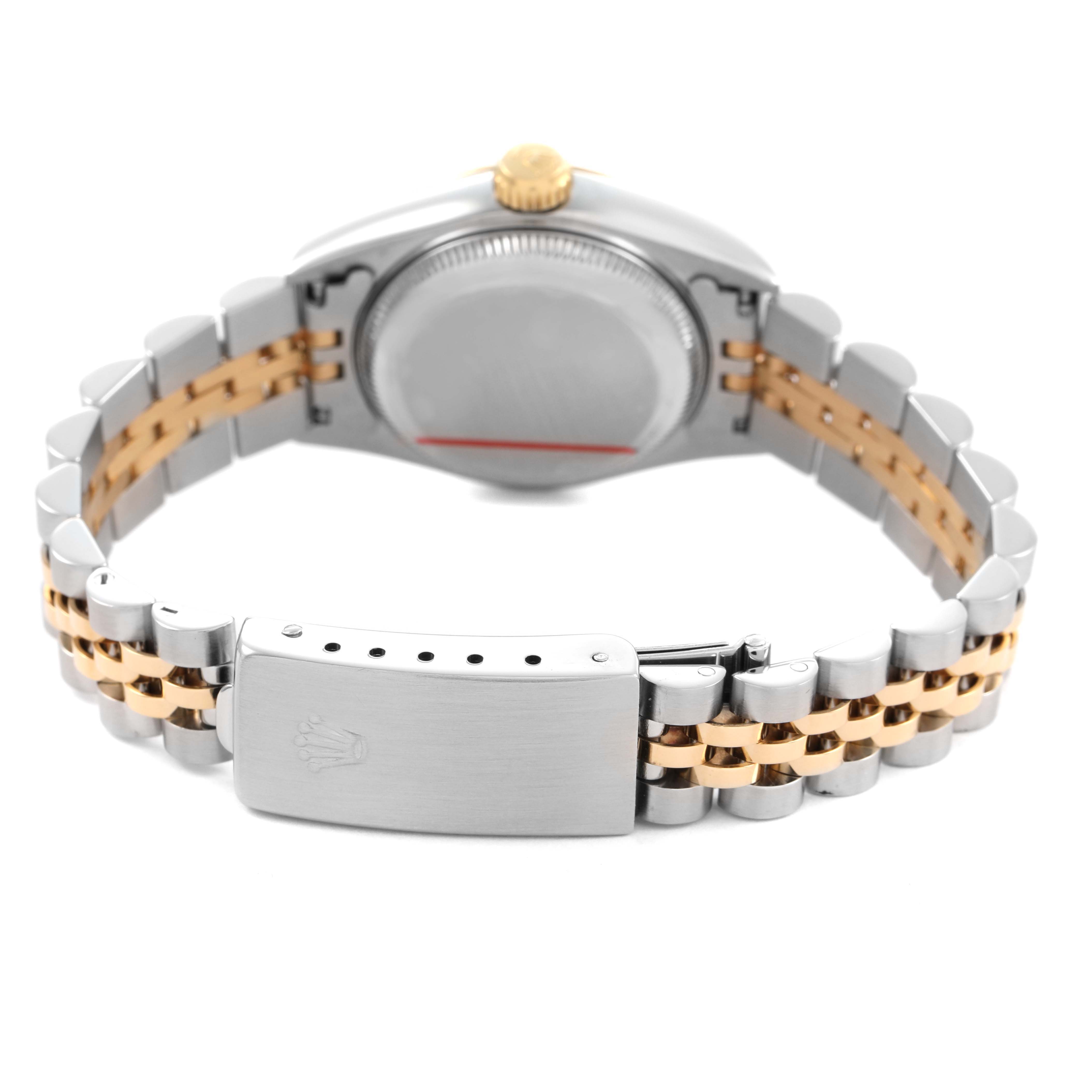 The image shows the back view of a Rolex Datejust 69173 Women's Stainless Steel Champagne Dial watch highlighting its Jubilee bracelet and clasp.