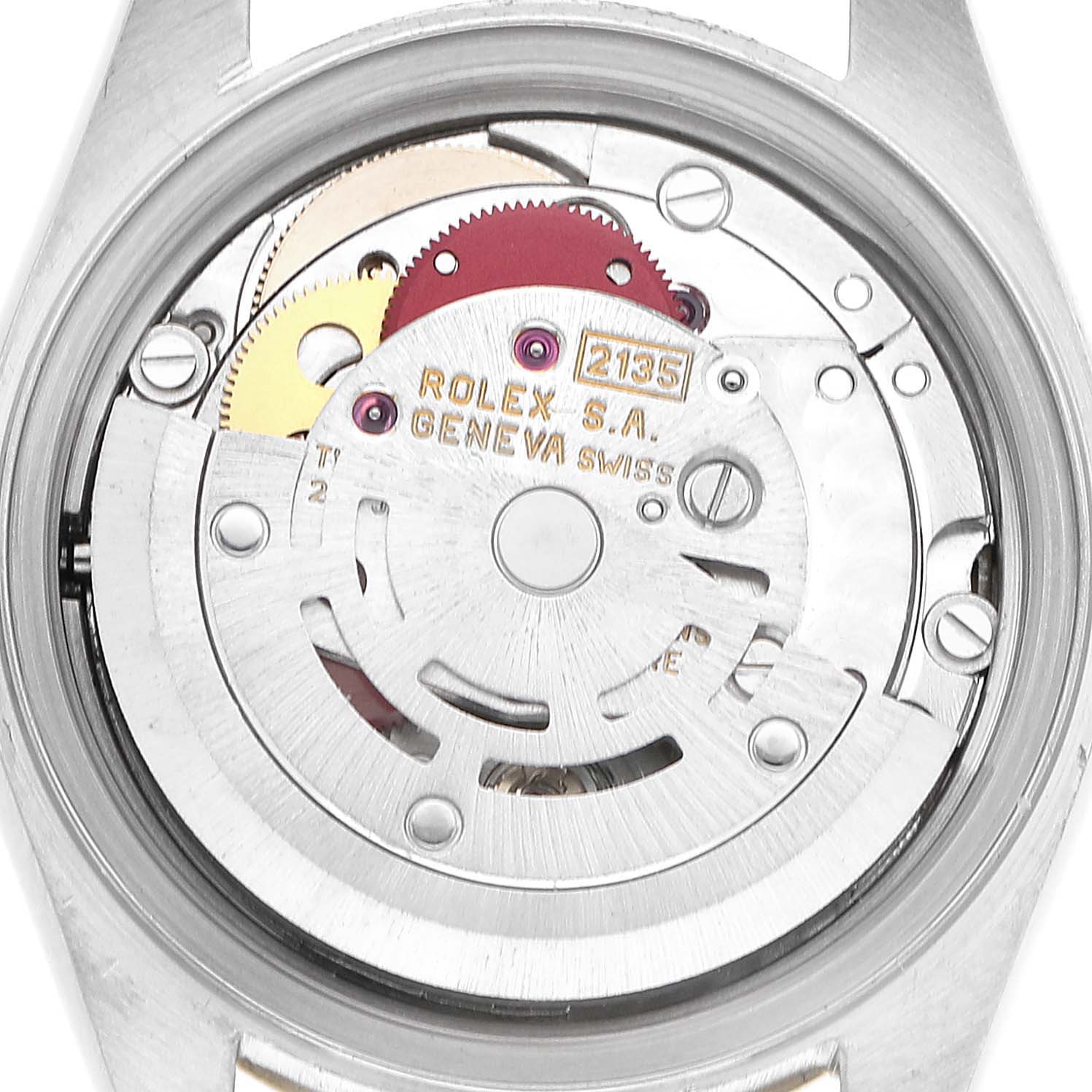 The image shows the movement of a Rolex Datejust 69173 Women's Stainless Steel Champagne Dial watch from the back, highlighting its internal mechanisms.