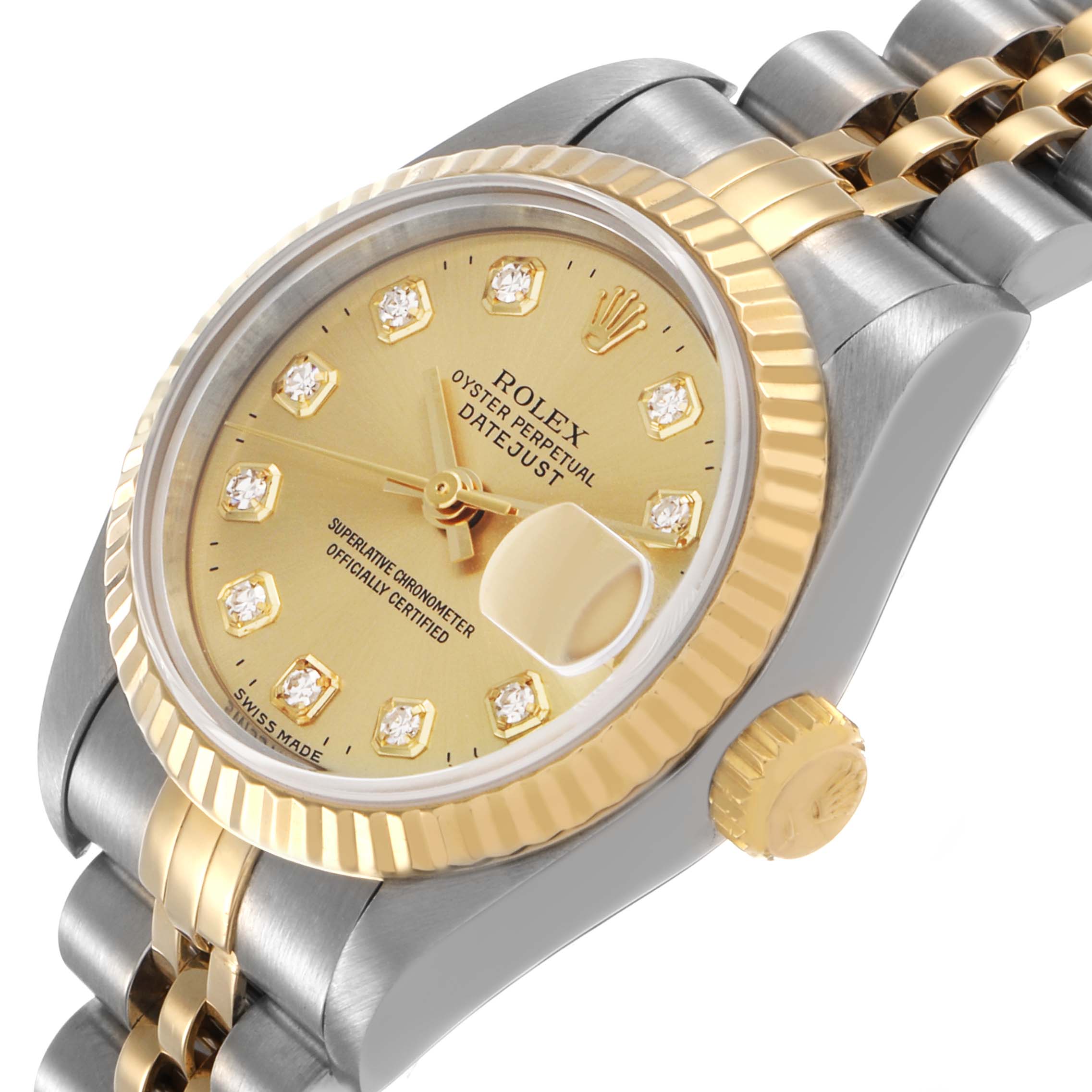 The Rolex Datejust 69173 Women's Stainless Steel Champagne Dial watch is shown at an angled close-up, highlighting the dial, bezel, crown, and part of the bracelet.