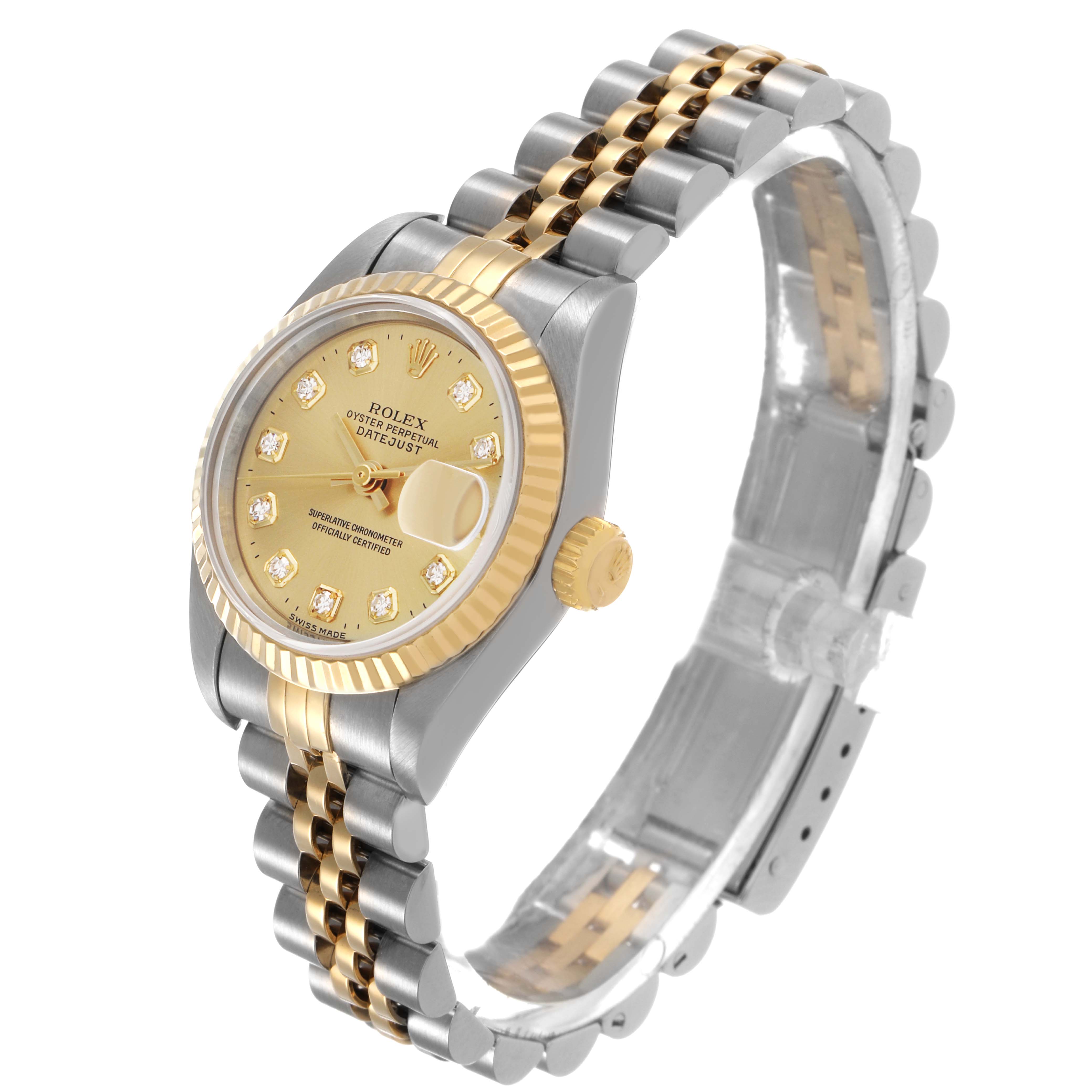 The Rolex Datejust 69173 Women's Stainless Steel Champagne Dial watch is shown at an angled side view, highlighting its two-tone bracelet and detailed face.