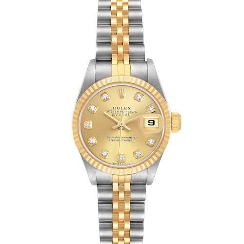 The Rolex Datejust 79173 Women's Steel and Gold (two tone) Champagne Dial watch is shown from a straight-on angle, displaying the dial, bezel, bracelet, and date window.