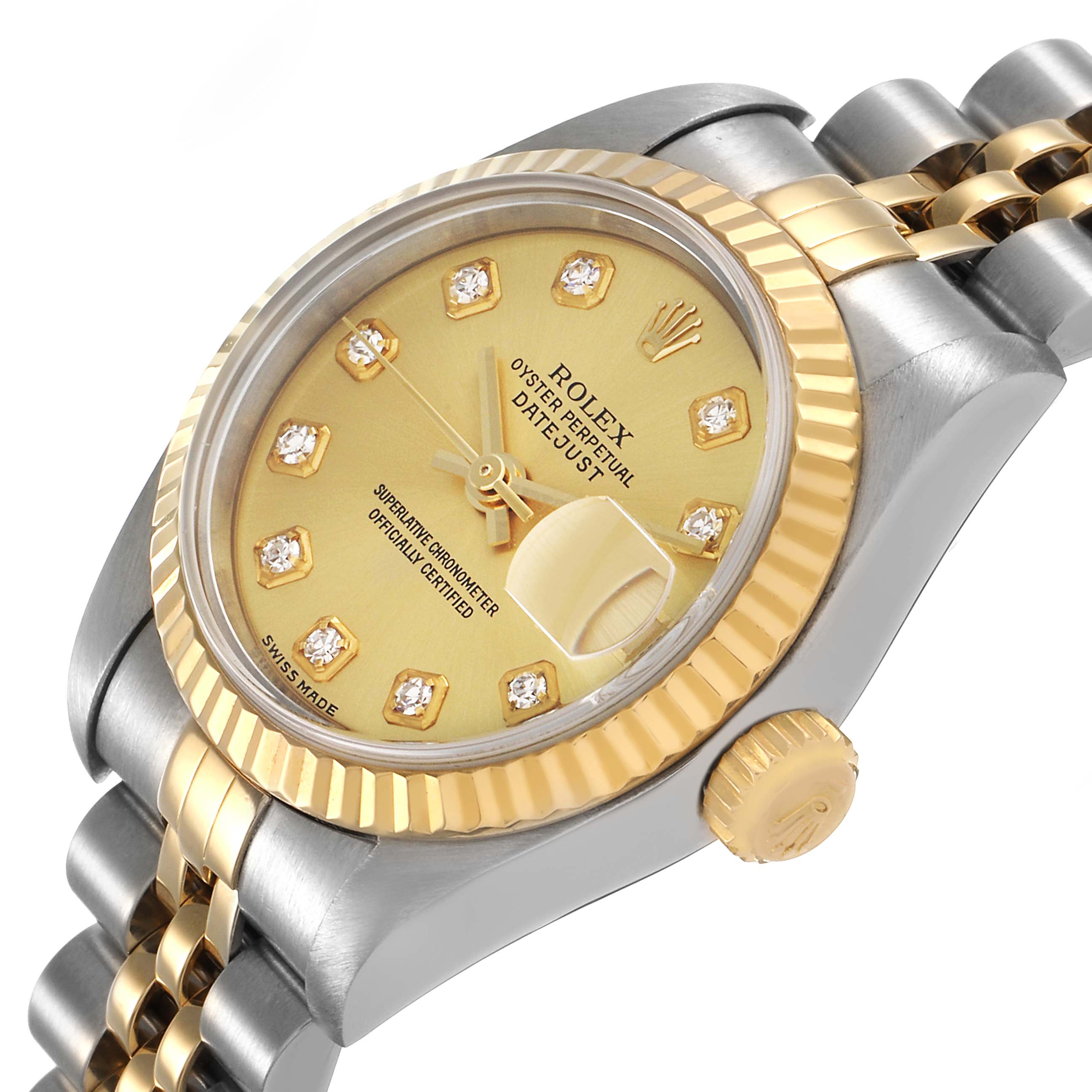The Rolex Datejust 79173 Women's Steel and Gold (two tone) Champagne Dial watch is shown at an angle highlighting the gold bezel, dial with gemstones, and part of the bracelet.
