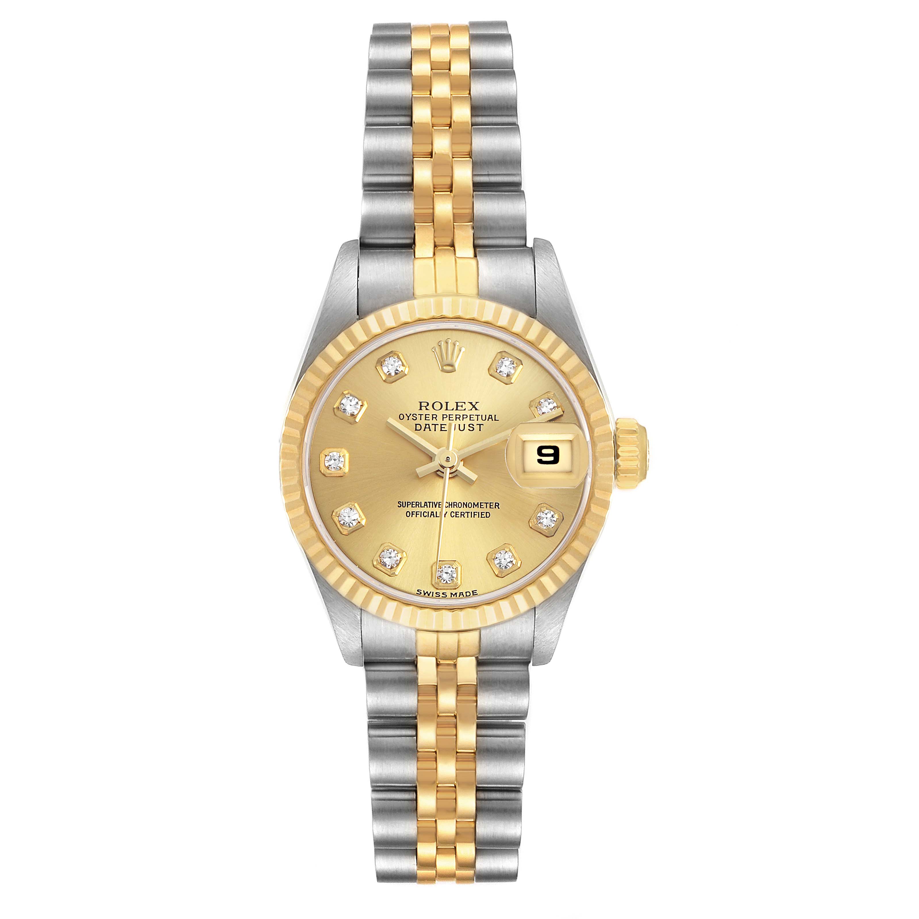 The Rolex Datejust 79173 Women's Steel and Gold (two tone) Champagne Dial watch is shown from a top view, highlighting the dial, bezel, and two-tone bracelet.