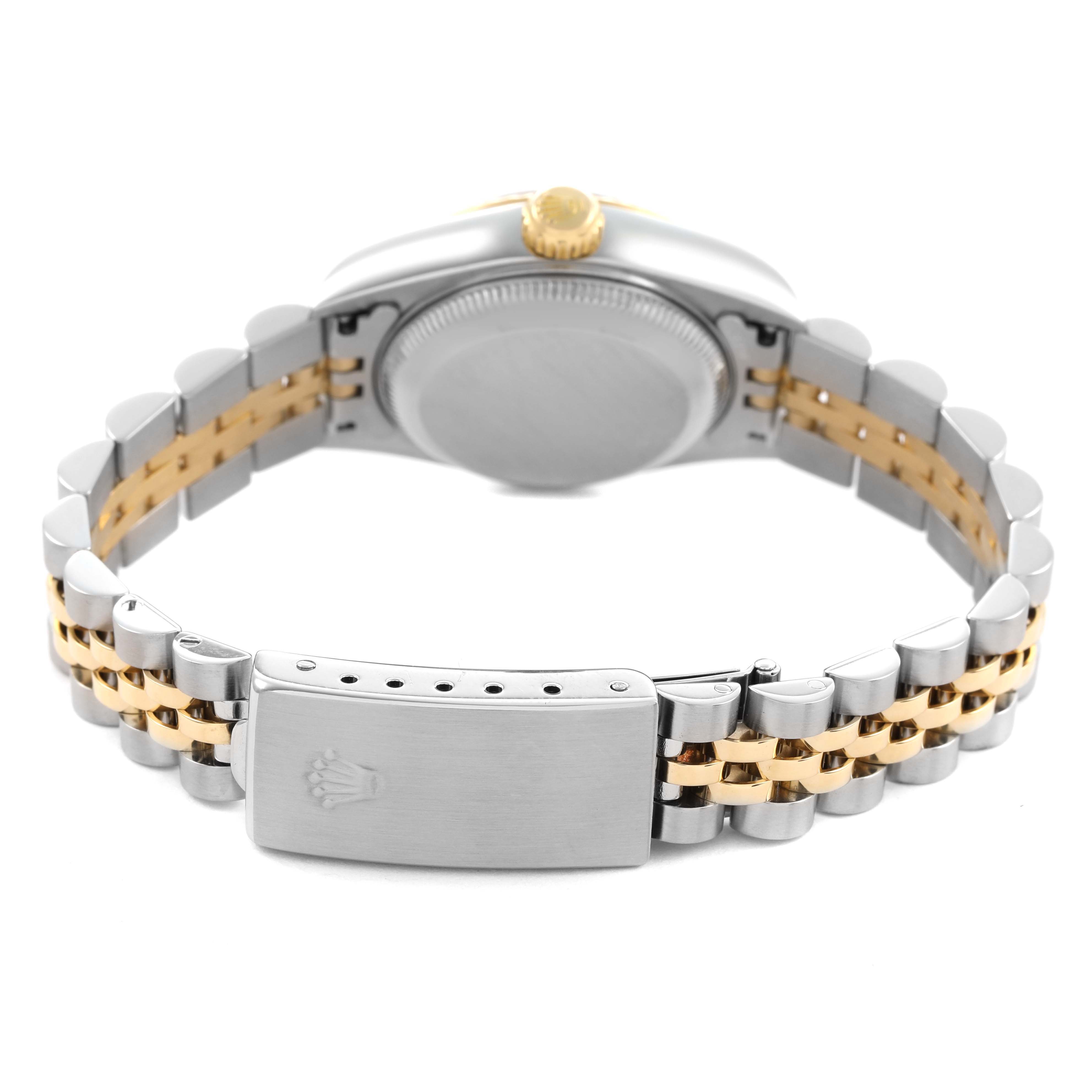 The image shows the back of a Rolex Datejust 79173 Women's Steel and Gold (two tone) Champagne Dial watch, highlighting the clasp and two-tone jubilee bracelet.