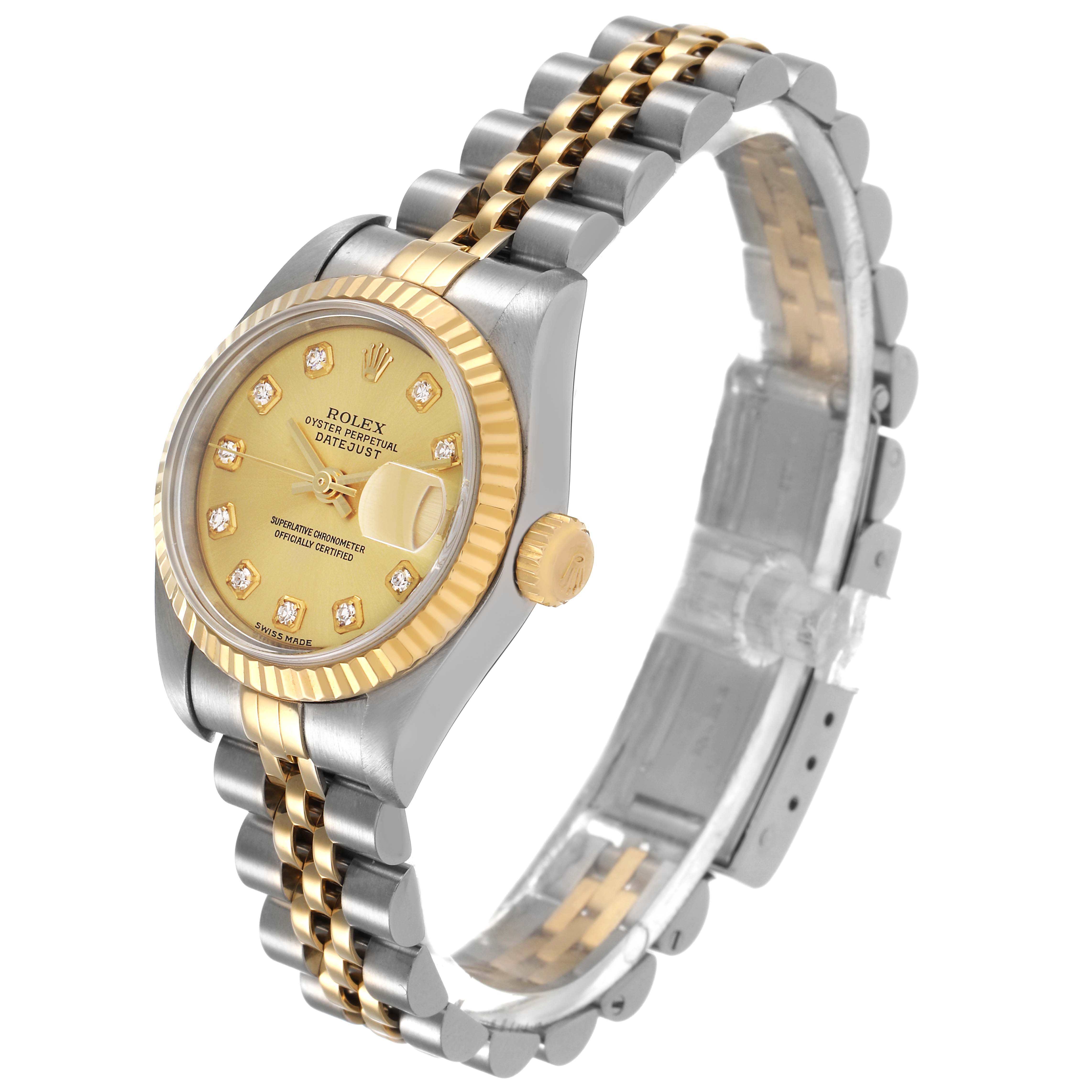 The image shows a Rolex Datejust 79173 Women's Steel and Gold (two tone) Champagne Dial watch at an angled side view, highlighting the dial, bezel, crown, and two-tone bracelet.