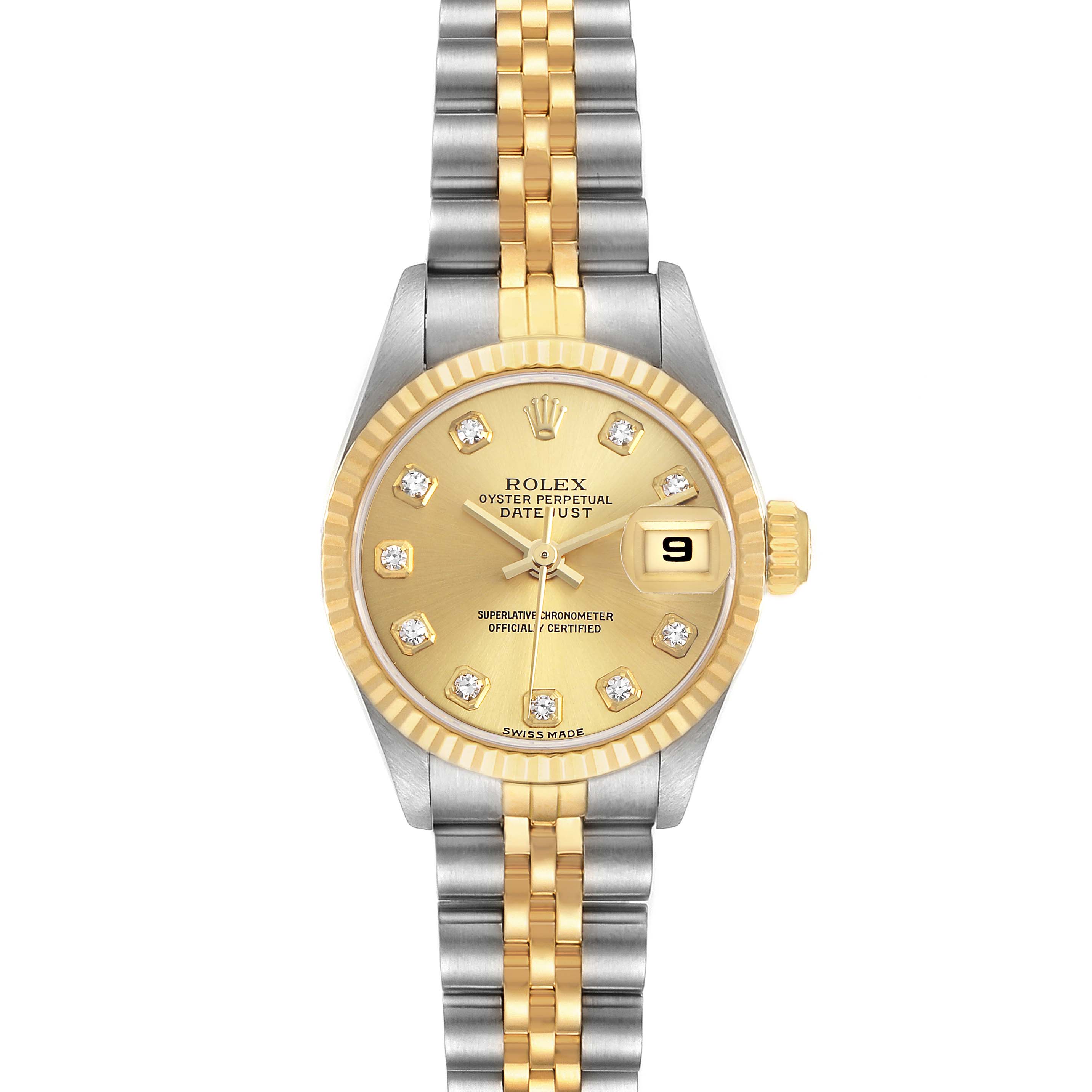The Rolex Datejust 79173 Women's Steel and Gold (two tone) Champagne Dial watch is shown from a top-down angle, displaying the face, bezel, crown, and band.