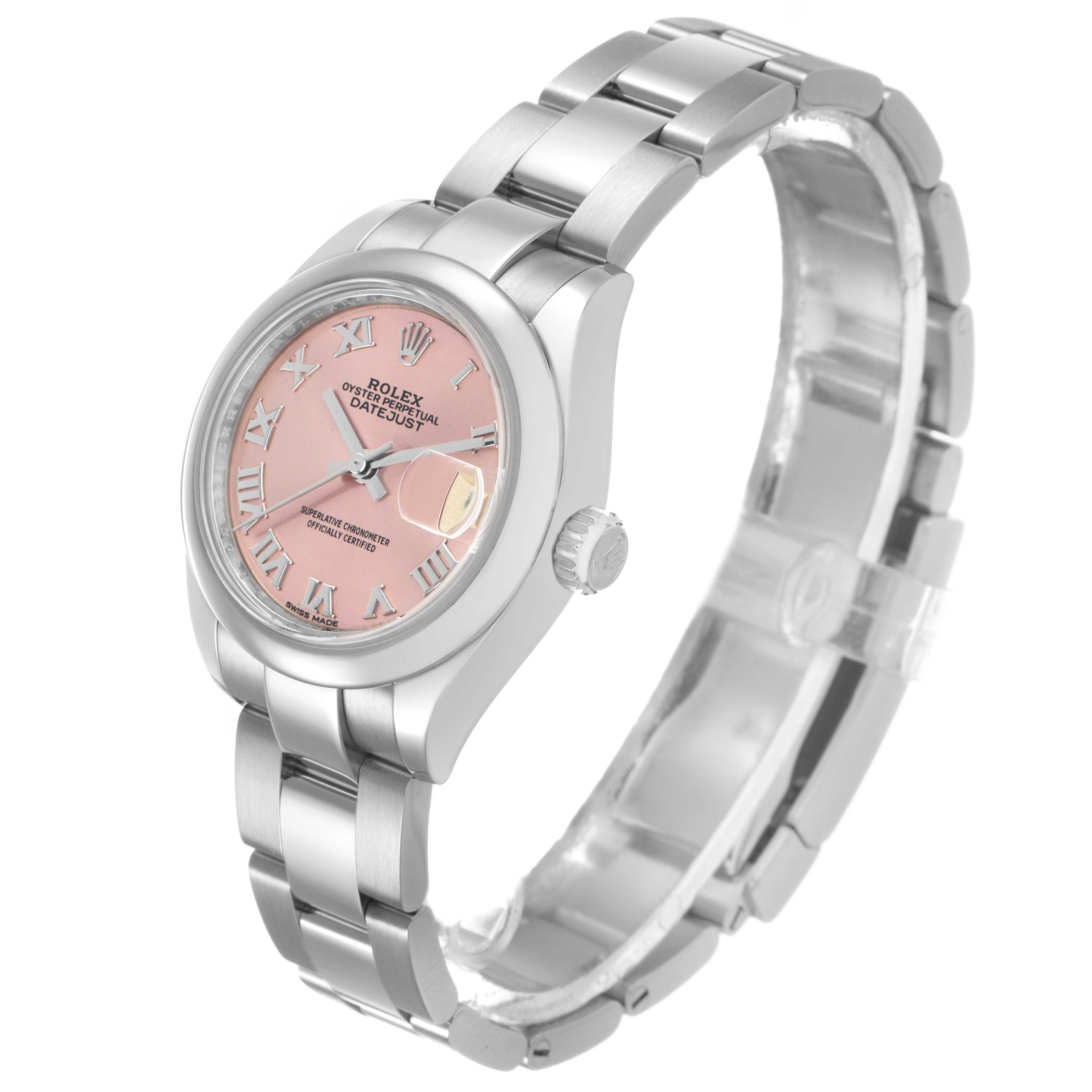 The Rolex Datejust 279160 Women's Stainless Steel Pink Dial watch is shown at a slight angle, highlighting its pink dial, Roman numerals, and stainless steel bracelet.