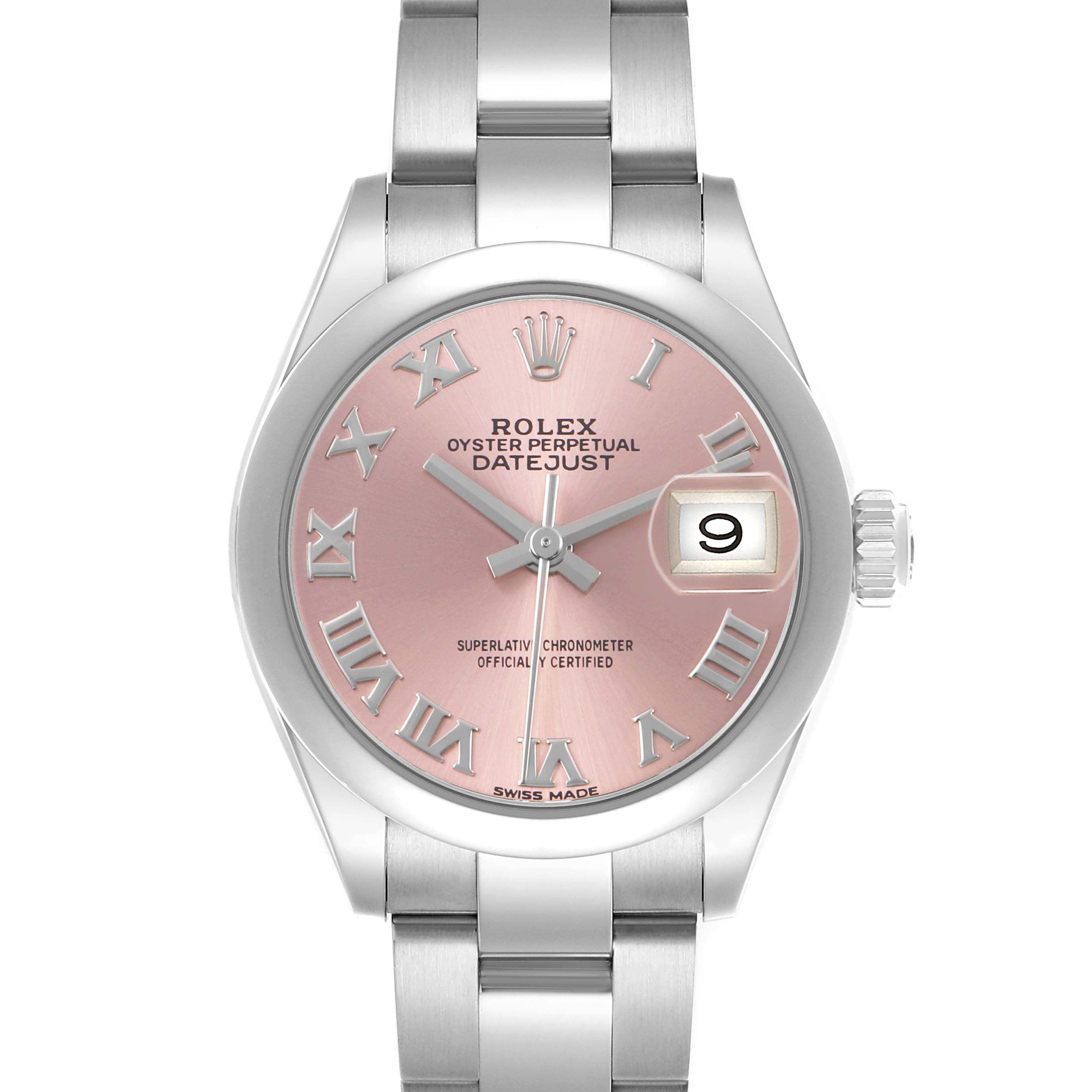 The Rolex Datejust 279160 Women's Stainless Steel Pink Dial watch is shown from the front, displaying its pink dial, Roman numerals, date window, and part of the bracelet.