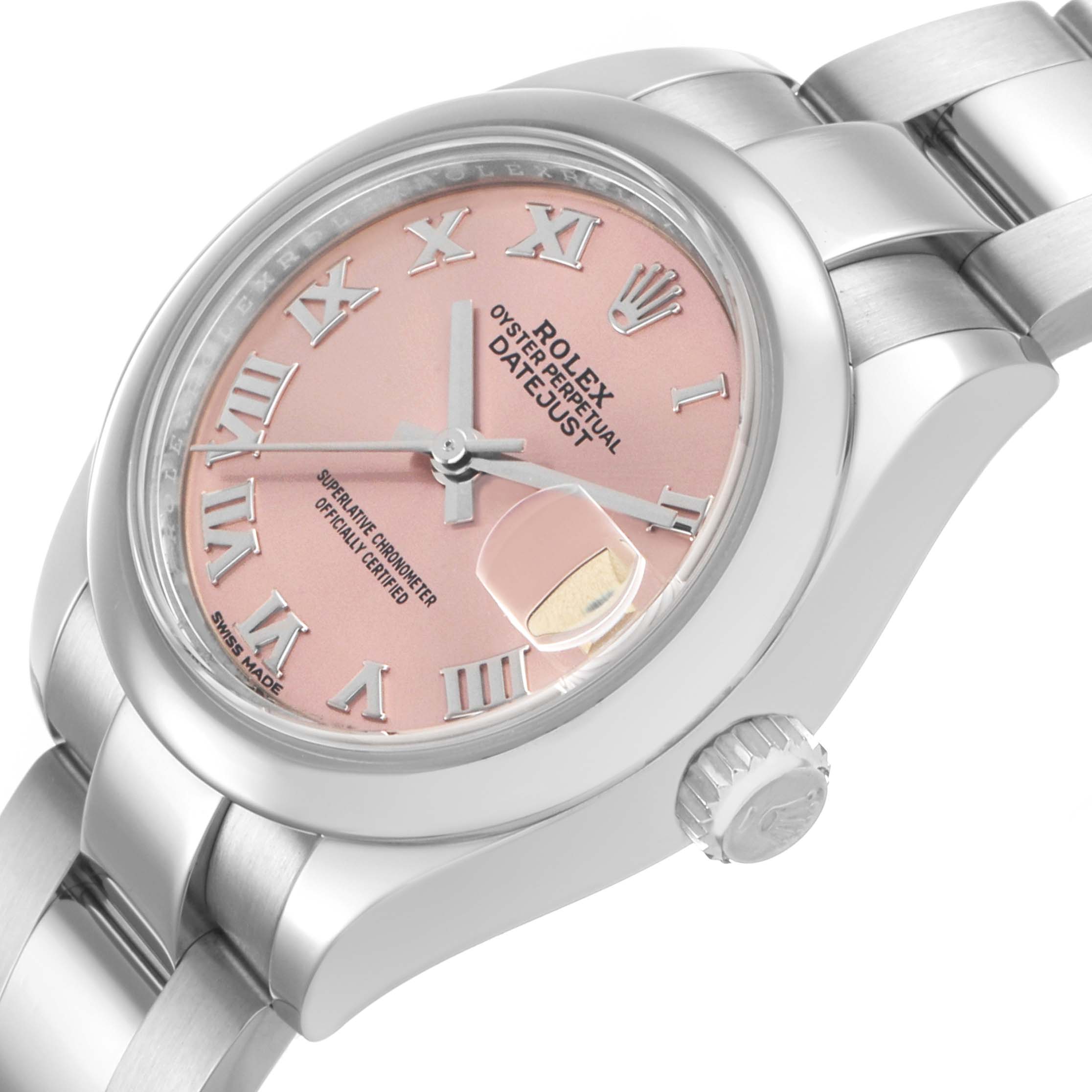 The Rolex Datejust 279160 Women's Stainless Steel Pink Dial watch is shown at a slight angle highlighting the dial, crown, and part of the bracelet.