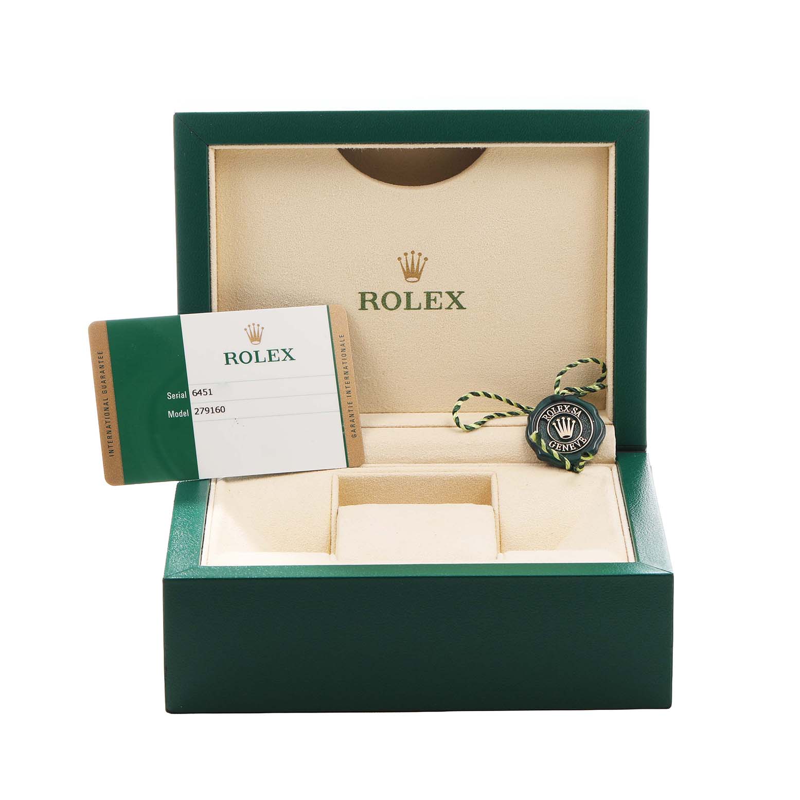 The image shows a Rolex Datejust 279160 Women's Stainless Steel Pink Dial watch box with a warranty card and a Rolex seal.